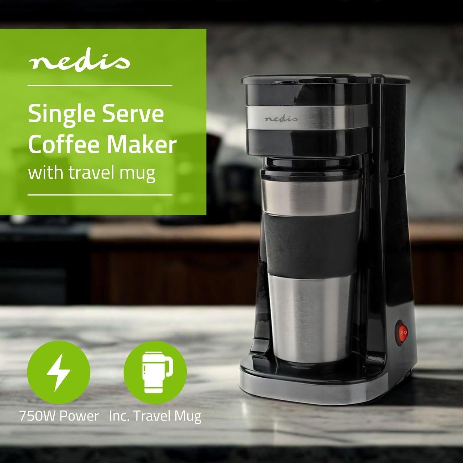 Nedis Single Serve 1 Cup Electric Filter Coffee Maker + 0.42L Double Wall Travel Mug - Black