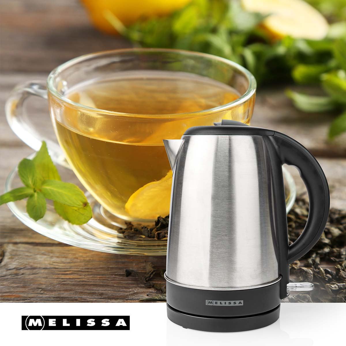 MELISSA Electric Kettle, 1.7L, 2200W, Stainless Steel Jug with Quick Boil Time, Boil Dry Protection and Auto Shut Off, Cordless 360° Swivel Base, for Hot Water Tea or Coffee - Silver