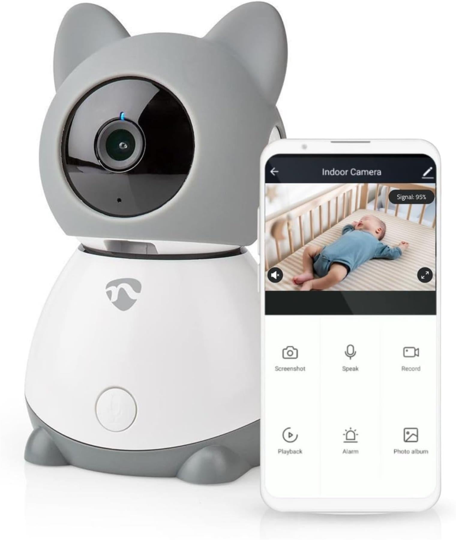 Nedis Smart Wifi Baby Monitor, Indoor Camera Full HD 1080p, Night Vision, PTZ, Motion & Sound Detection, 2-Way Audio, Humidity & Temperature Sensor, App Control � White/Grey