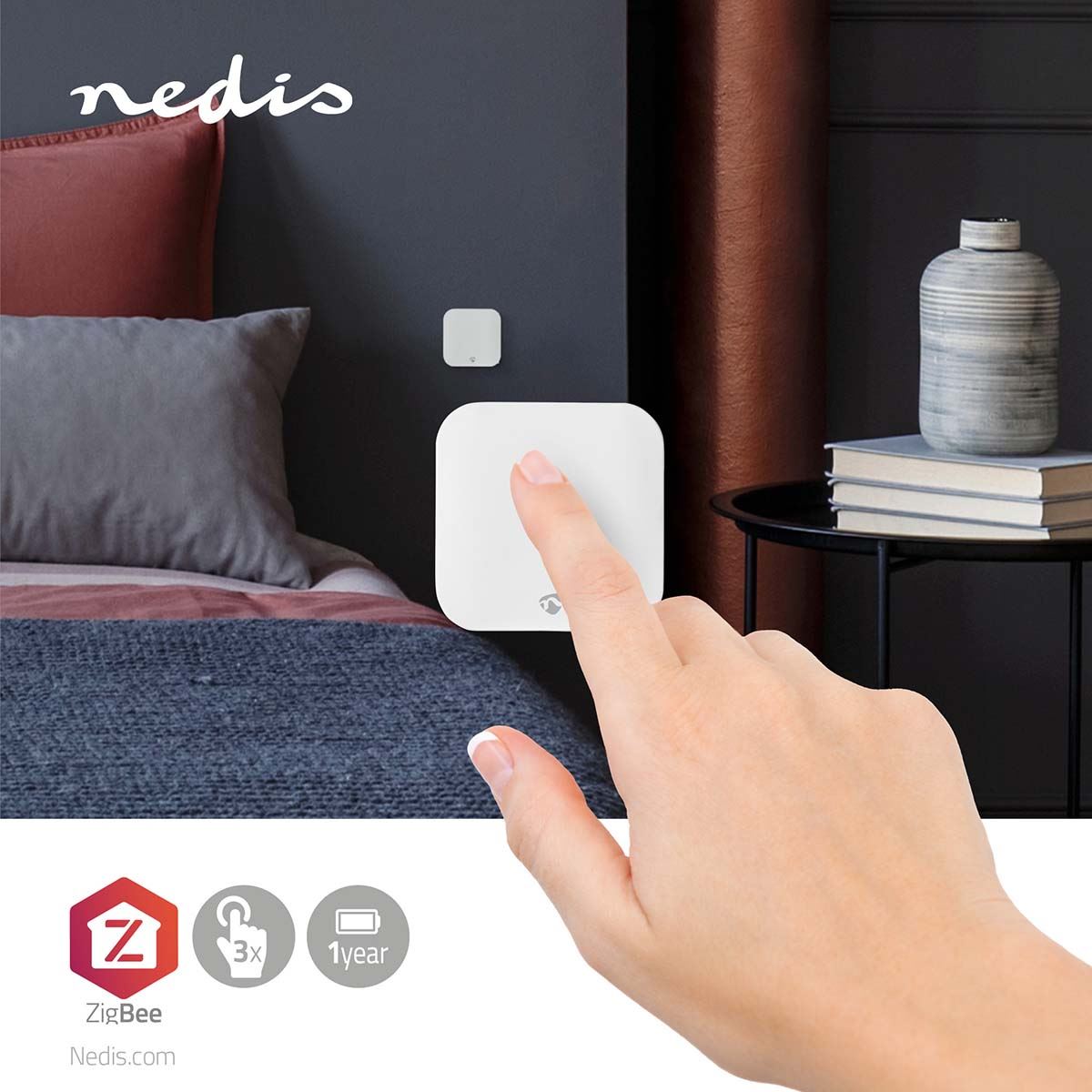 Nedis Smartlife Zigbee Wall Switch, Single Button 3 Programmable Commands, 50 x 50 x 14 mm, Battery Powered, Wireless Control - Compatible with Nedis Smartlife Gateway