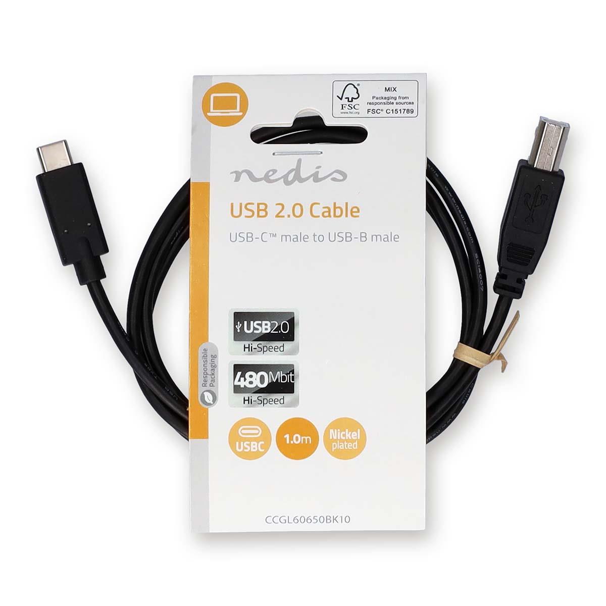 Nedis USB Cable | USB 2.0 | USB-C™ Male | USB-B Male | 480 Mbps | Nickel Plated | 1.00 m | Round | PVC | Black | Label
