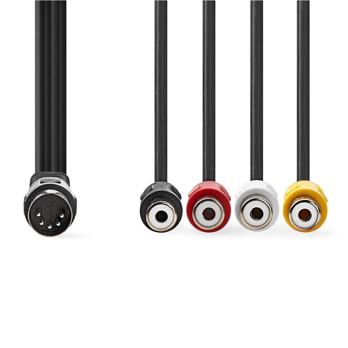 Nedis DIN Audio Cable | DIN 5-Pin Male | 4x RCA Female | Nickel Plated | 0.20 m | Round | PVC | Black | Label