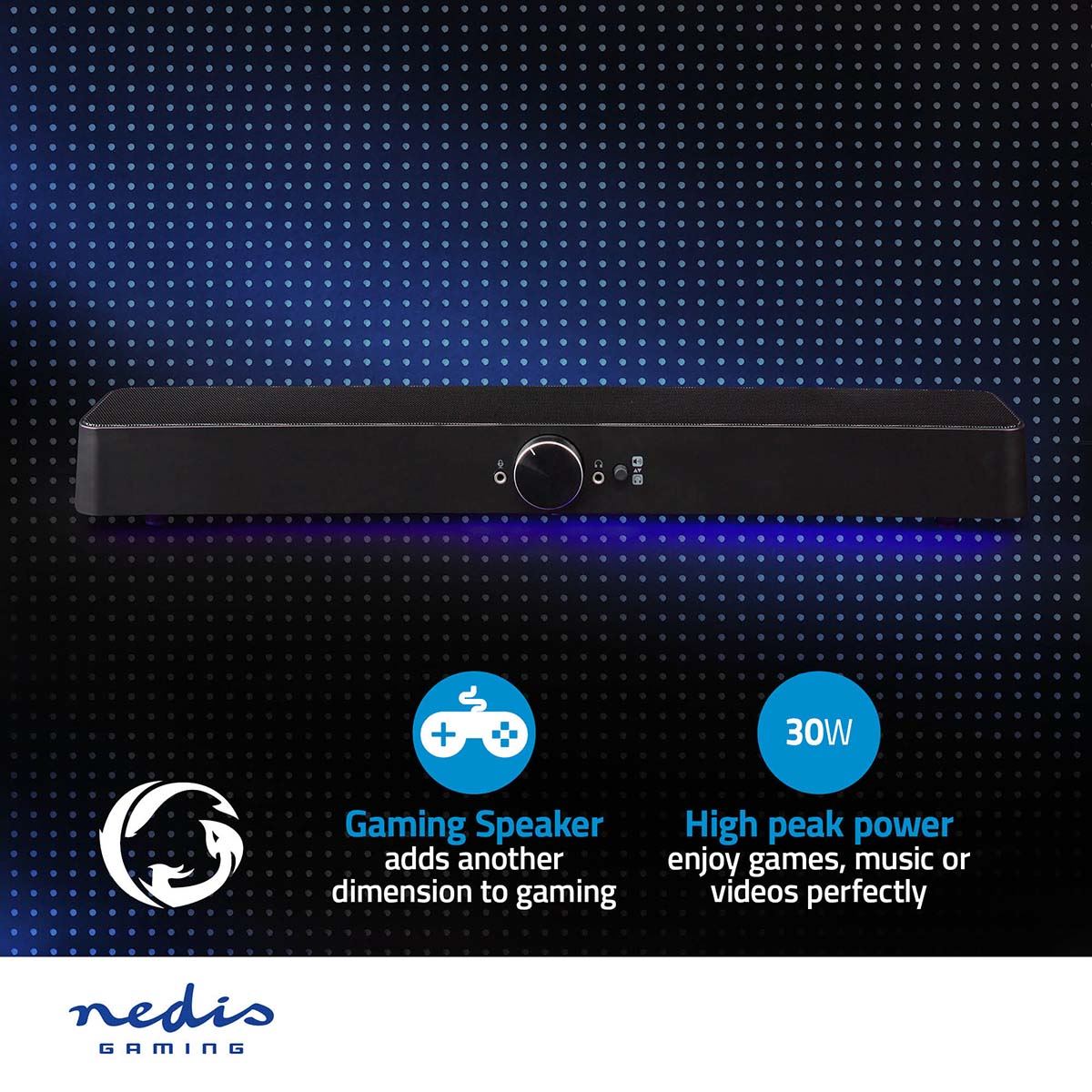 Nedis Gaming Speaker | Speaker channels: 2.0 | USB Powered | 3.5 mm Male | 30 W | LED | Volume control | Connection output: 1x 3.5 mm