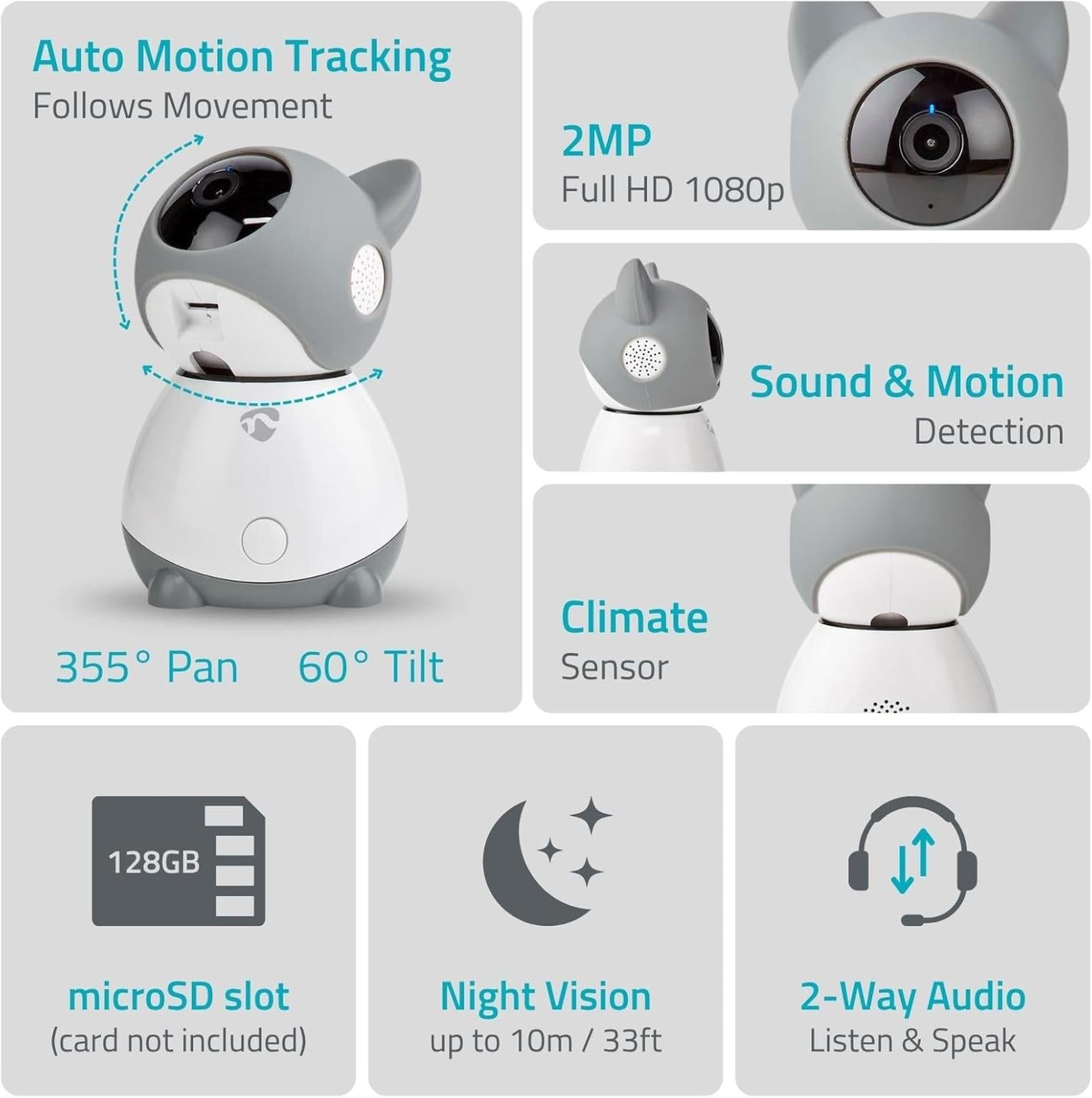 Nedis Smart Wifi Baby Monitor, Indoor Camera Full HD 1080p, Night Vision, PTZ, Motion & Sound Detection, 2-Way Audio, Humidity & Temperature Sensor, App Control � White/Grey