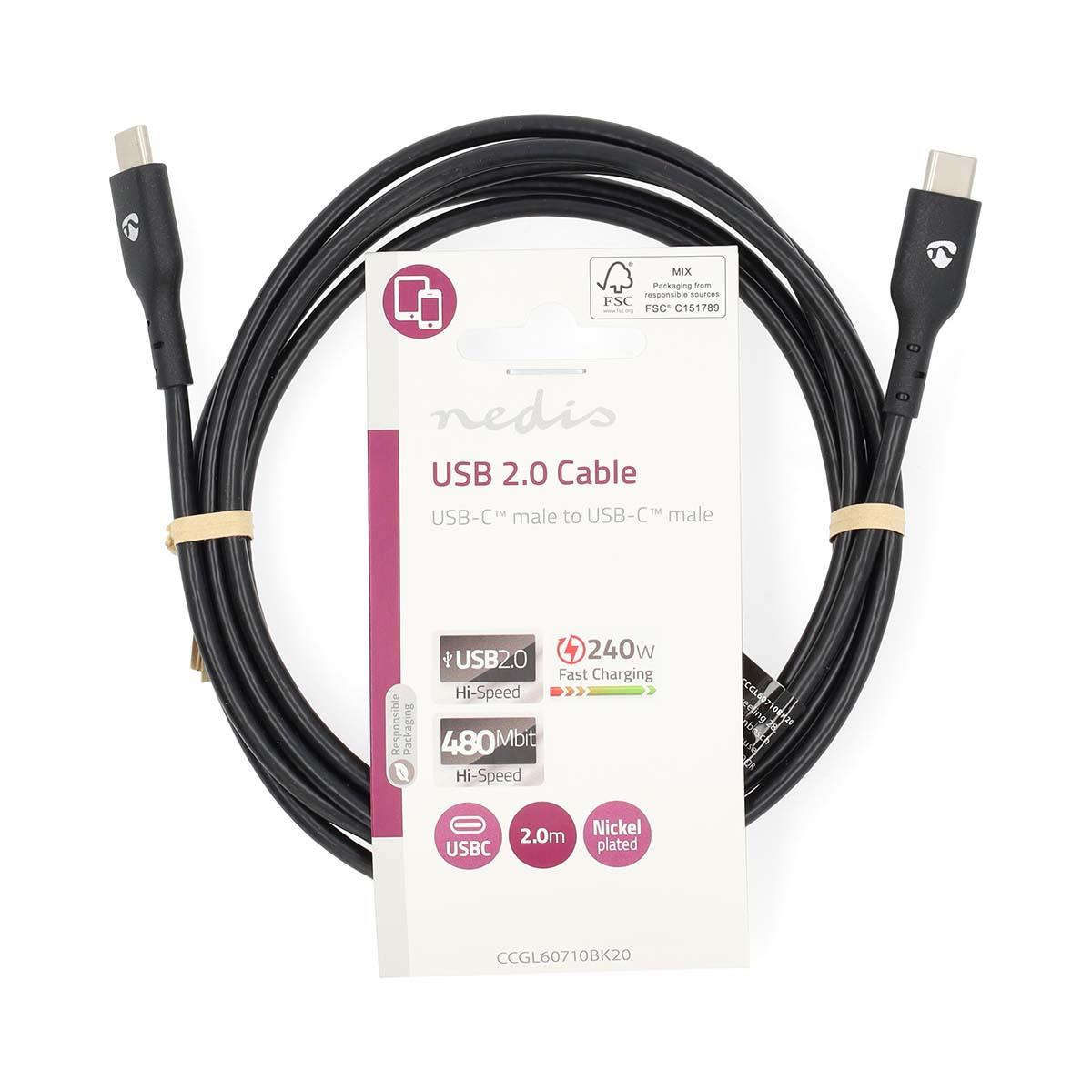 Nedis USB Cable | USB 2.0 | USB-C™ Male | USB-C™ Male | 240 W | 480 Mbps | Nickel Plated | 2.00 m | Round | PVC | Black | Label