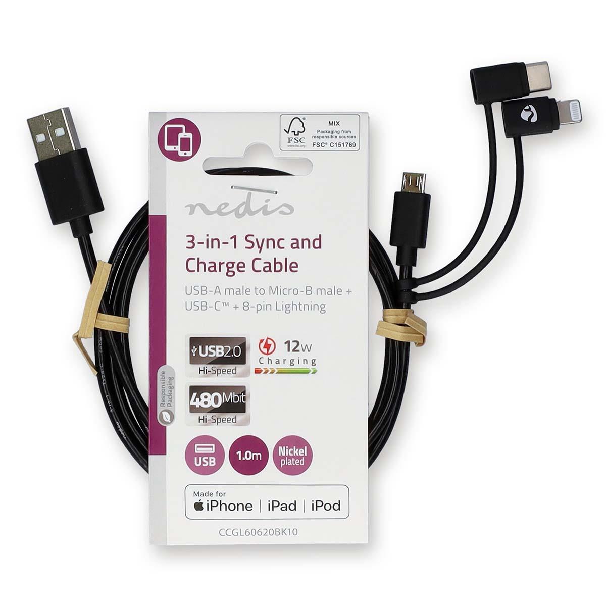 Nedis 3-in-1 Cable | USB 2.0 | USB-A Male | Apple Lightning 8-Pin / USB Micro-B Male / USB-C™ Male | 480 Mbps | 1.00 m | Nickel Plated | Round | PVC | Black | Label