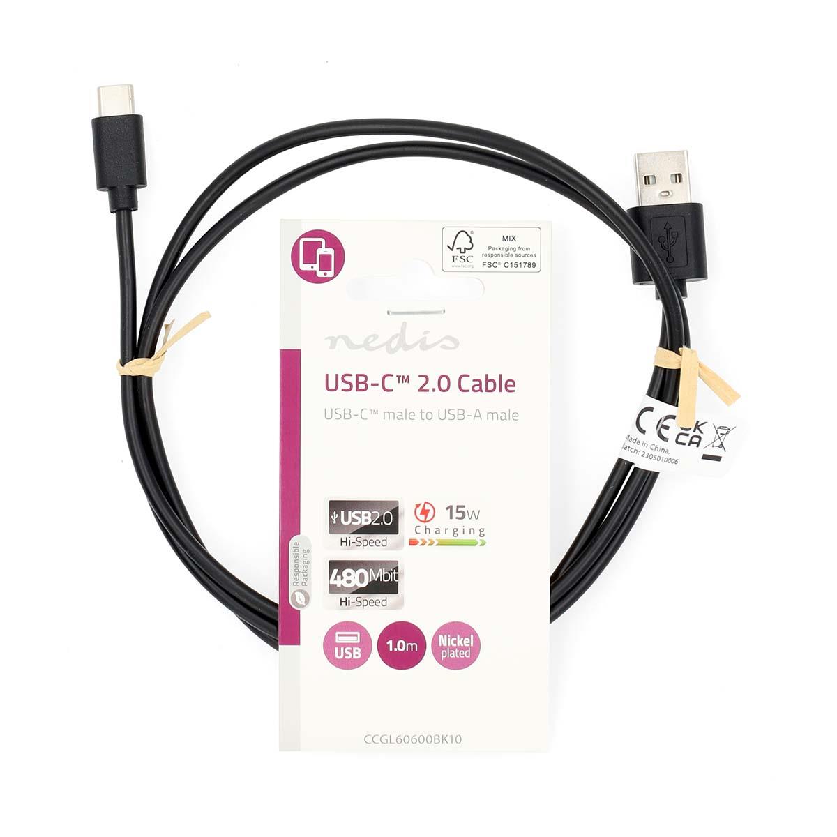 Nedis USB Cable | USB 2.0 | USB-A Male | USB-C™ Male | 15 W | 480 Mbps | Nickel Plated | 1.00 m | Round | PVC | Black | Label