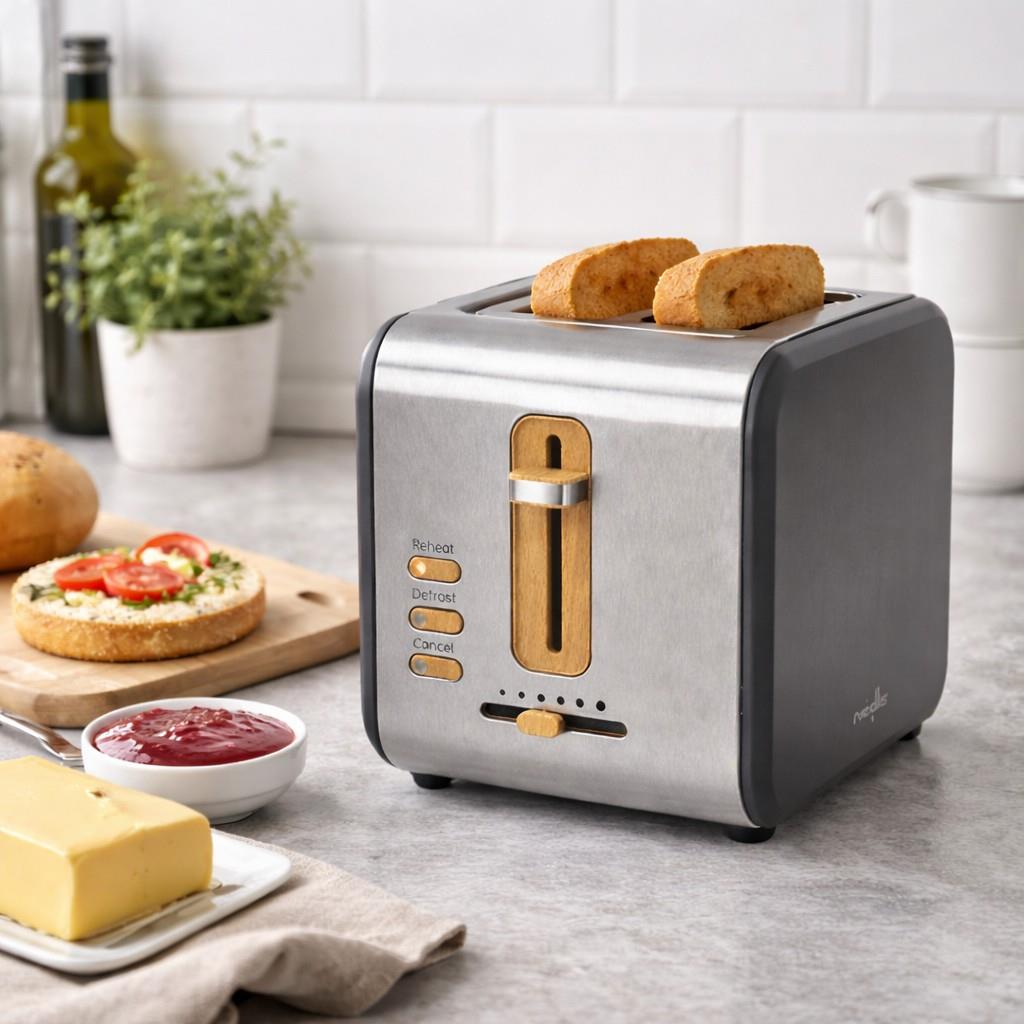 Nedis Soft Touch Toaster with 2 Wide Slots for Toast, Bagels or Muffins, 6 Toasting Settings, Reheat, Defrost and Cancel Functions, Grey