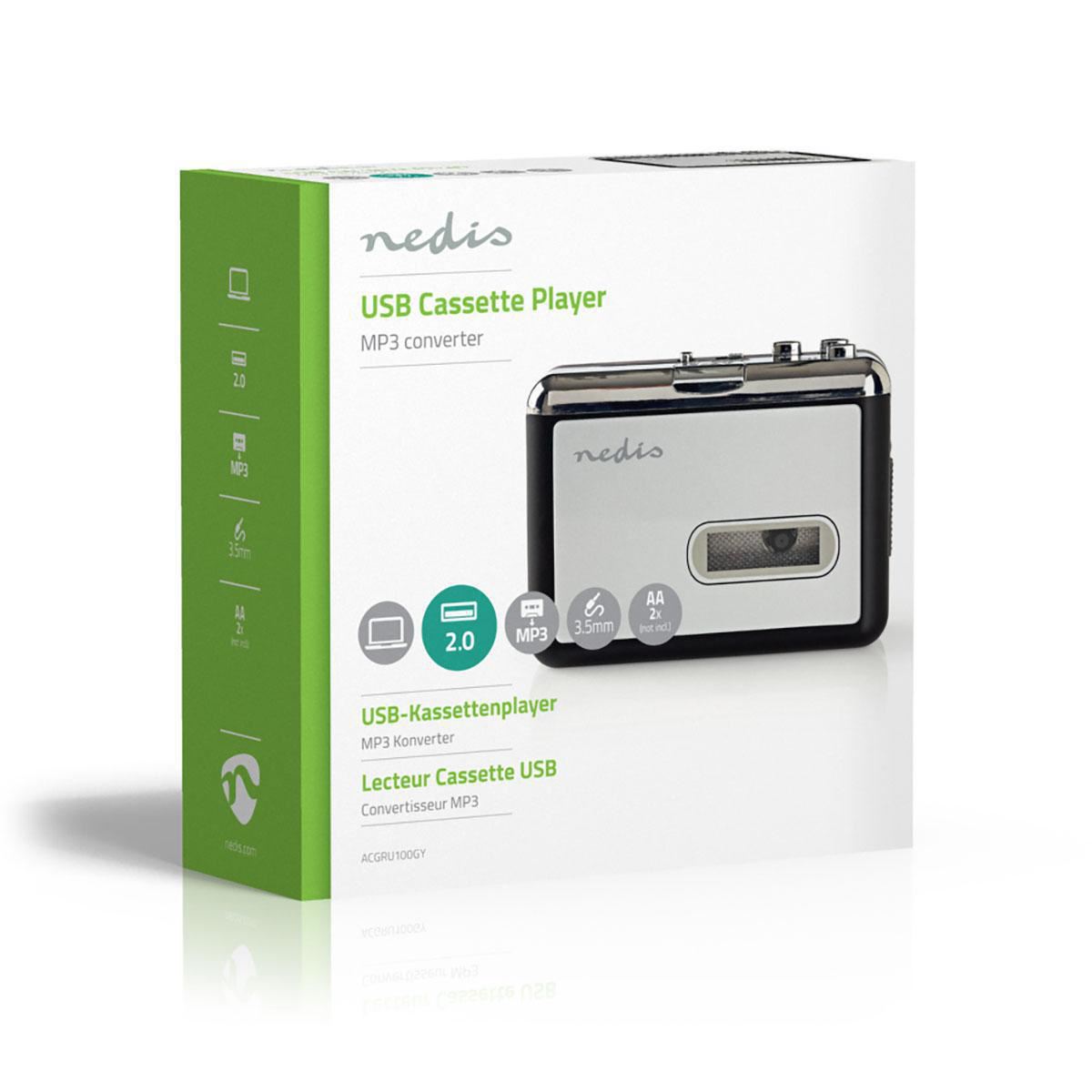 Nedis USB Audio Cassette to MP3 Converter Portable DC & Battery Powered with 3.5mm, Software & Cable