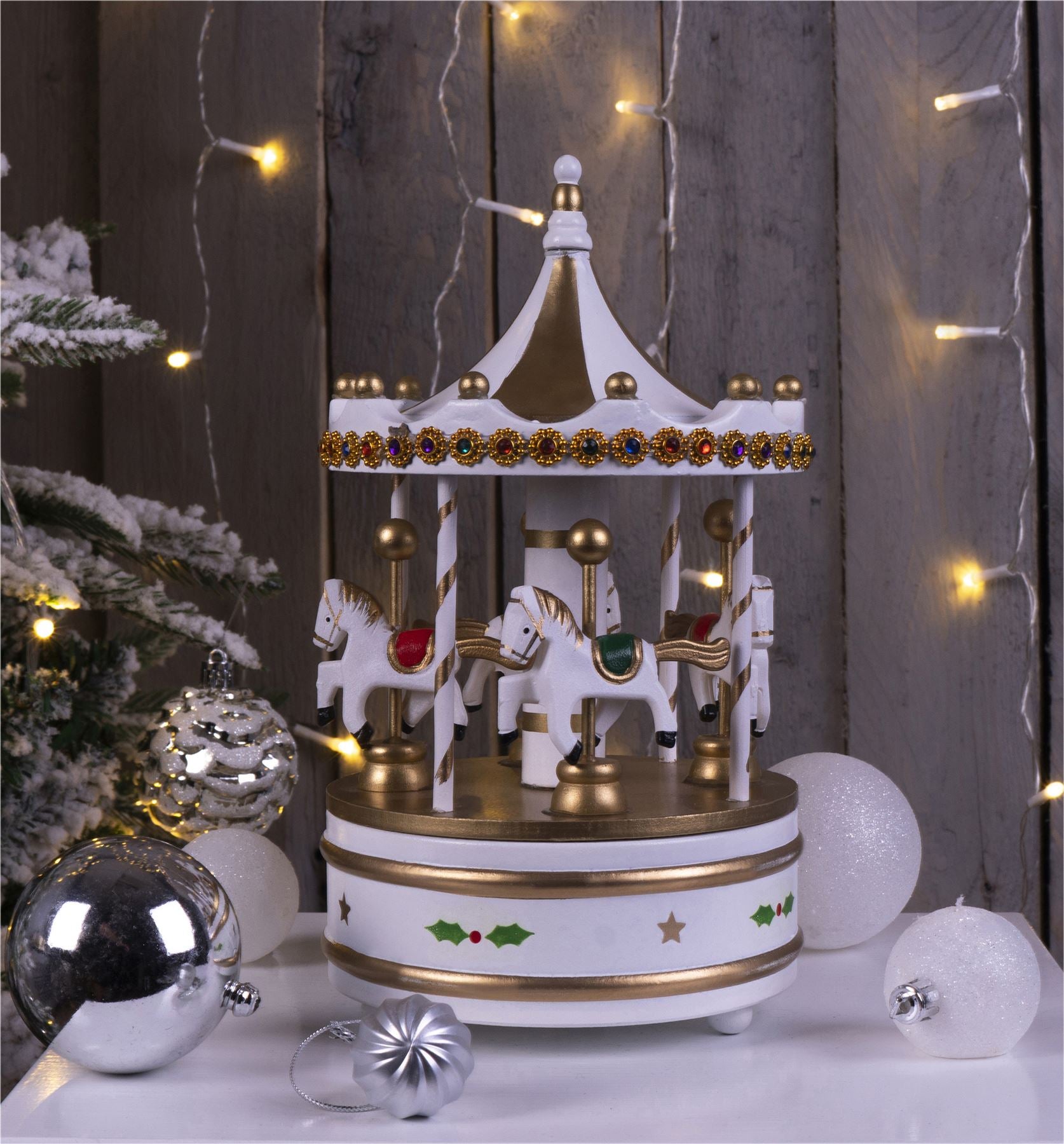 Christmas Wooden Mechanical Carousel Music Box Wind Up Ornament - White & Gold