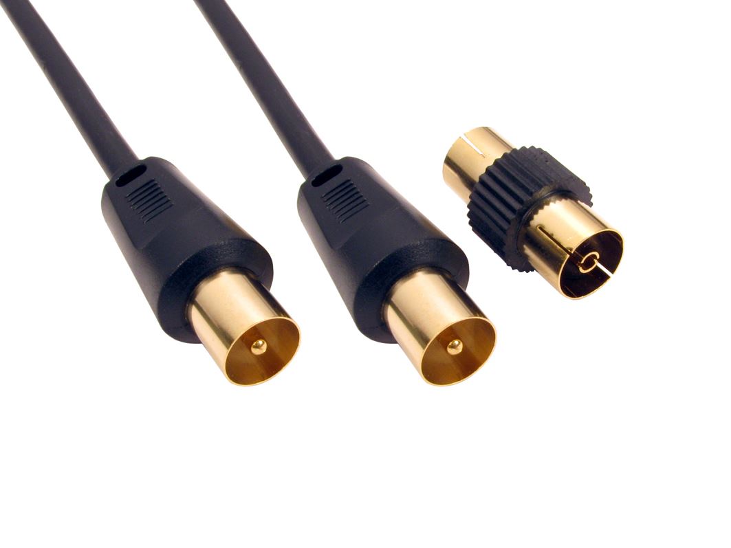 10m TV Ariel Cable Lead Connector Male to Male with Female Coupler - Black