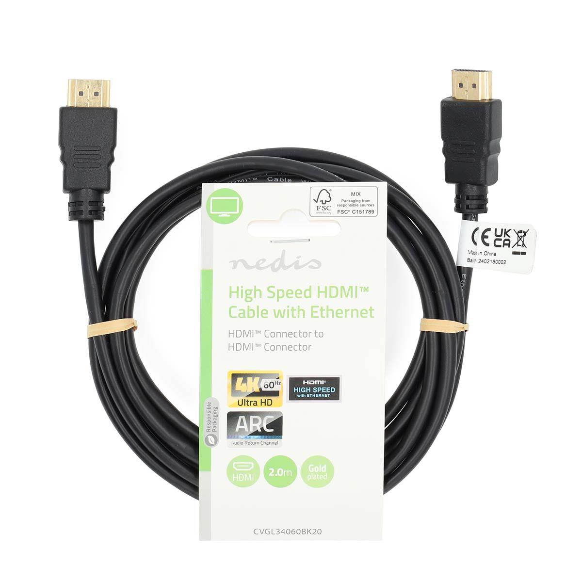Nedis High Speed HDMI™ Cable with Ethernet | HDMI™ Connector | HDMI™ Connector | 4K@60Hz | ARC | 18 Gbps | 2.00 m | Round | PVC | Black | Label