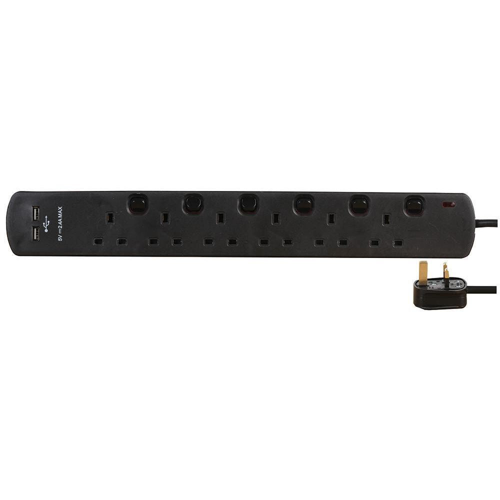 6 Gang 2m Mains Extension Lead Socket Individually Switched 13A with USB Ports - Black