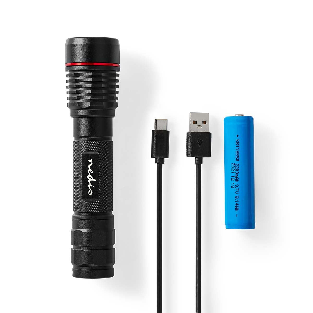 Nedis LED Torch, Rechargeable 1000 Lumen Flashlight with Adjustable Focus Beam, USB-C Charging, IPX7 Water-Resistant, 200m Beam, 2h Runtime