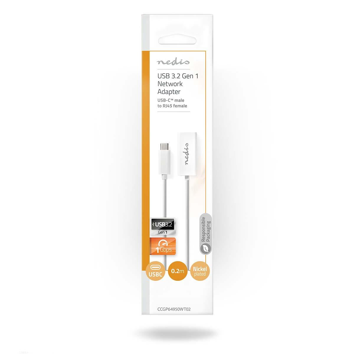 Nedis USB Network Adapter | USB 3.2 Gen 1 | 1000 Mbps | USB-C™ Male | RJ45 Female | 0.20 m | Round | Nickel Plated | Tinned Copper | White | Envelope