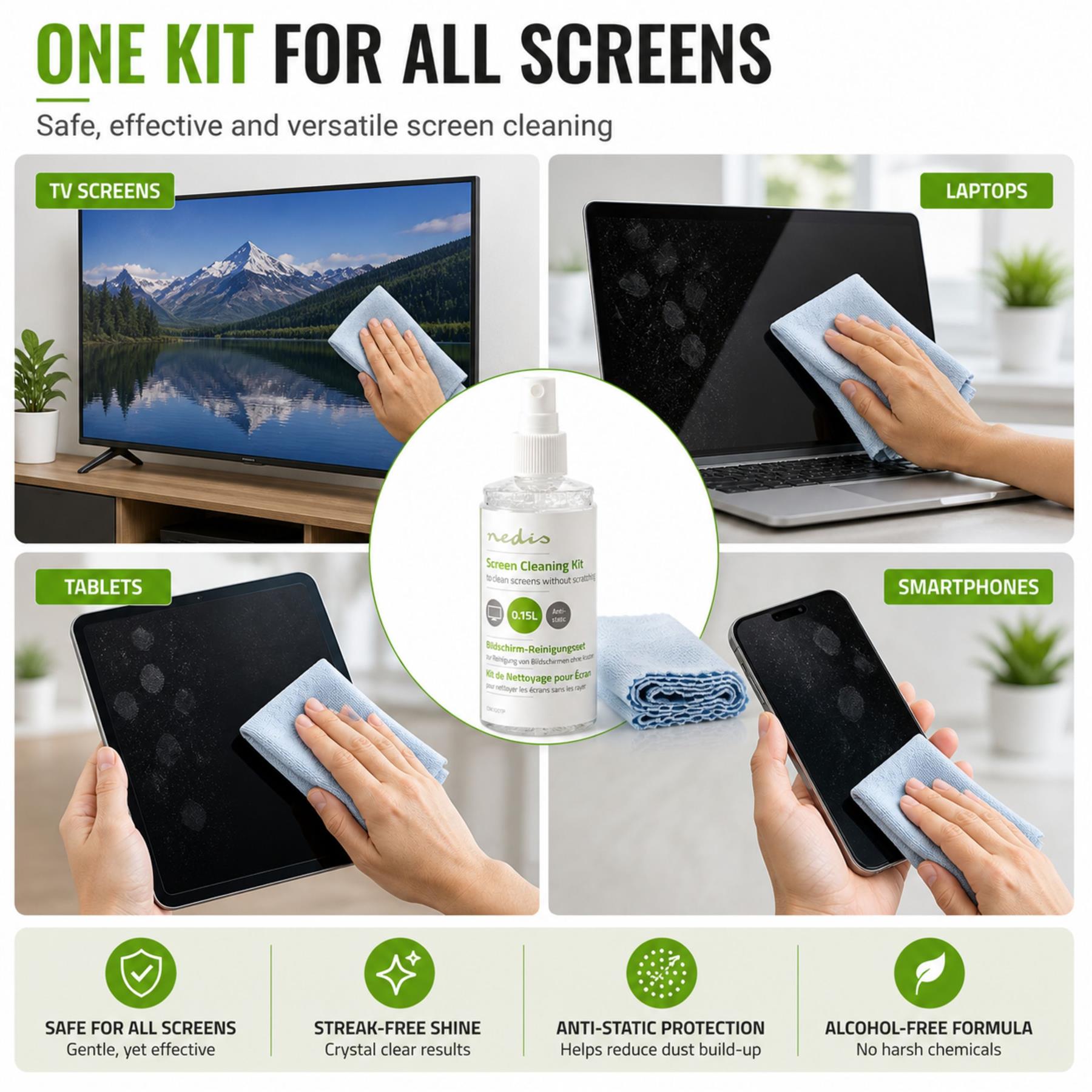 Nedis Screen Cleaner Kit, Anti-Static and Alcohol-Free Cleaning Spray and Microfibre Cloth - 150ml Spray