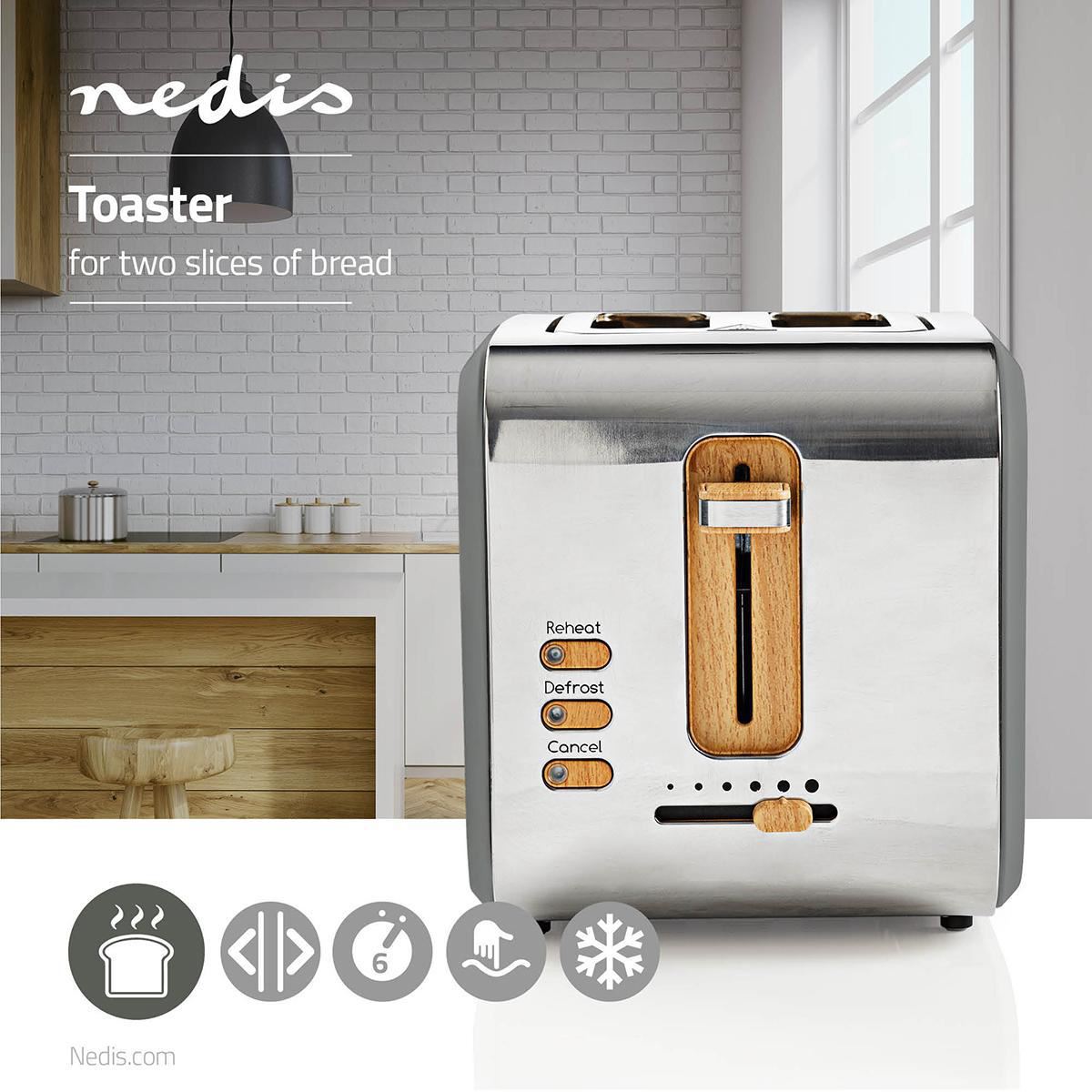 Nedis Soft Touch Toaster with 2 Wide Slots for Toast, Bagels or Muffins, 6 Toasting Settings, Reheat, Defrost and Cancel Functions, Grey