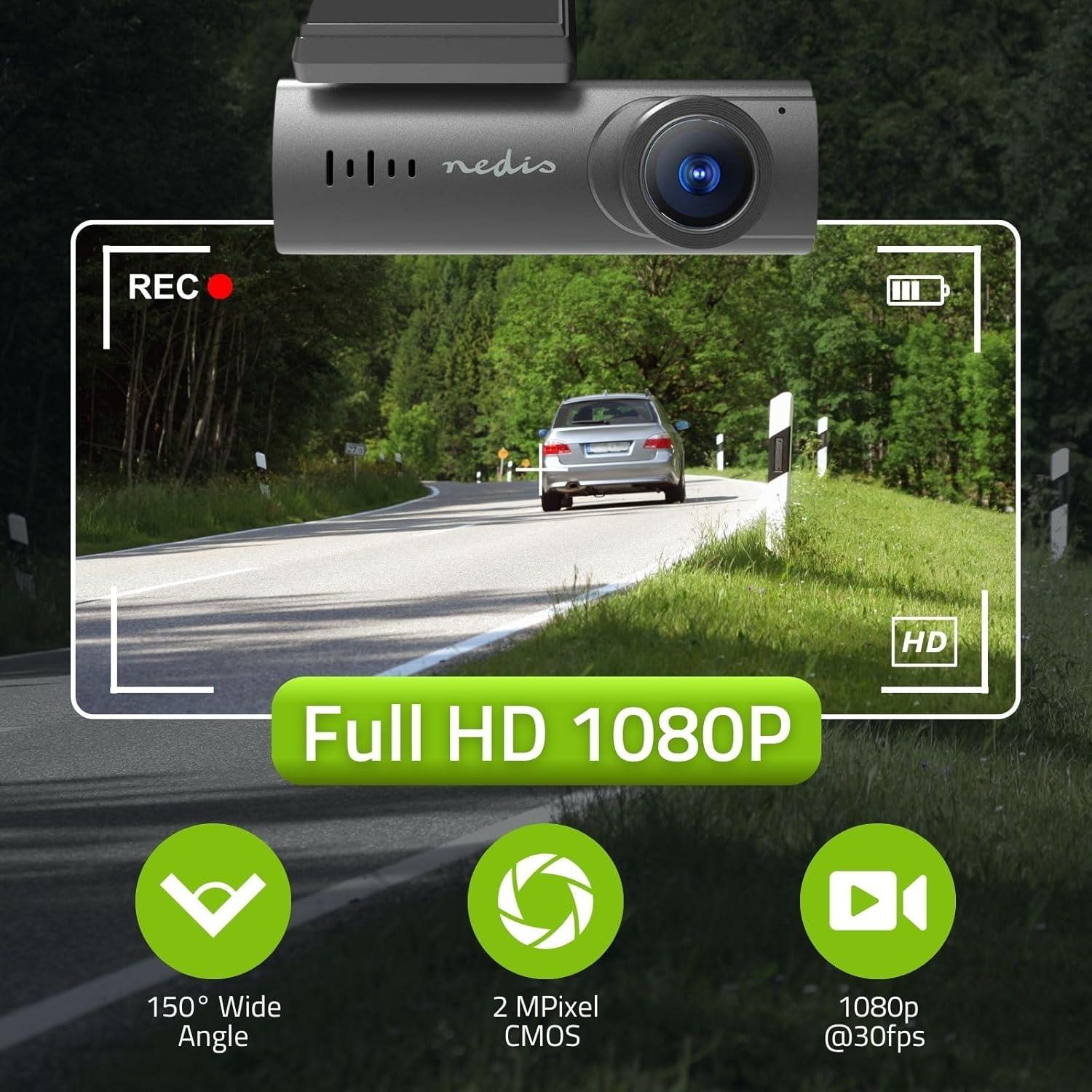 Nedis Dash Cam, Full HD 1080p @30fps, Wi-Fi, Loop Recording, 150 Degree Wide Angle, Photo Mode, Night View, Supports 128GB microSD, USB-C, Built-In Mic & Speaker - Black