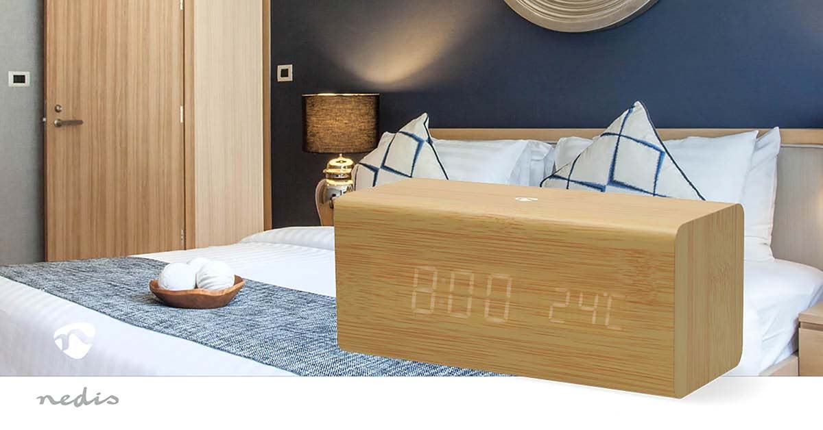 Nedis Scandi Digital Alarm FM Clock Radio | Thermometer | LED | USB-C™ Powered |Snooze function | Sleep timer | 2 Alarms | Wood