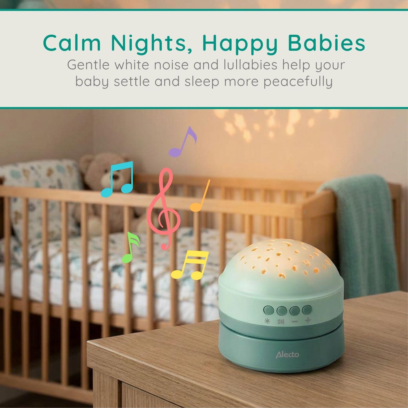 Alecto White Noise Machine, Children and Baby Sleep Aid, Natural Noise & Lullabies Sound Options - Projector Light with 2 Colour Options, Rechargeable