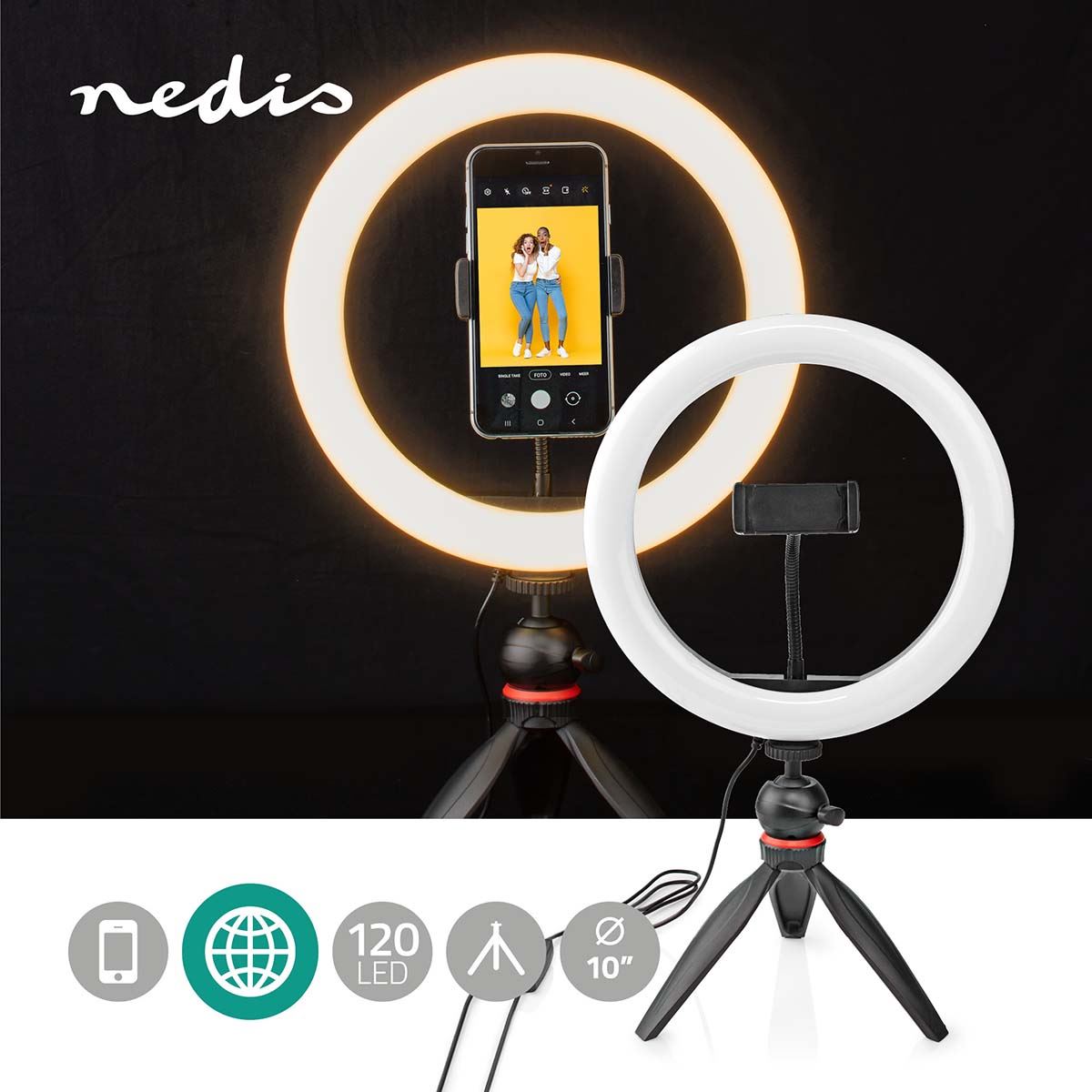 Nedis Ring Light, 10" LED Ring Lamp with 120 LEDs on Tripod Stand, USB Powered, with Flexible Phone Holder, 10 Light Modes