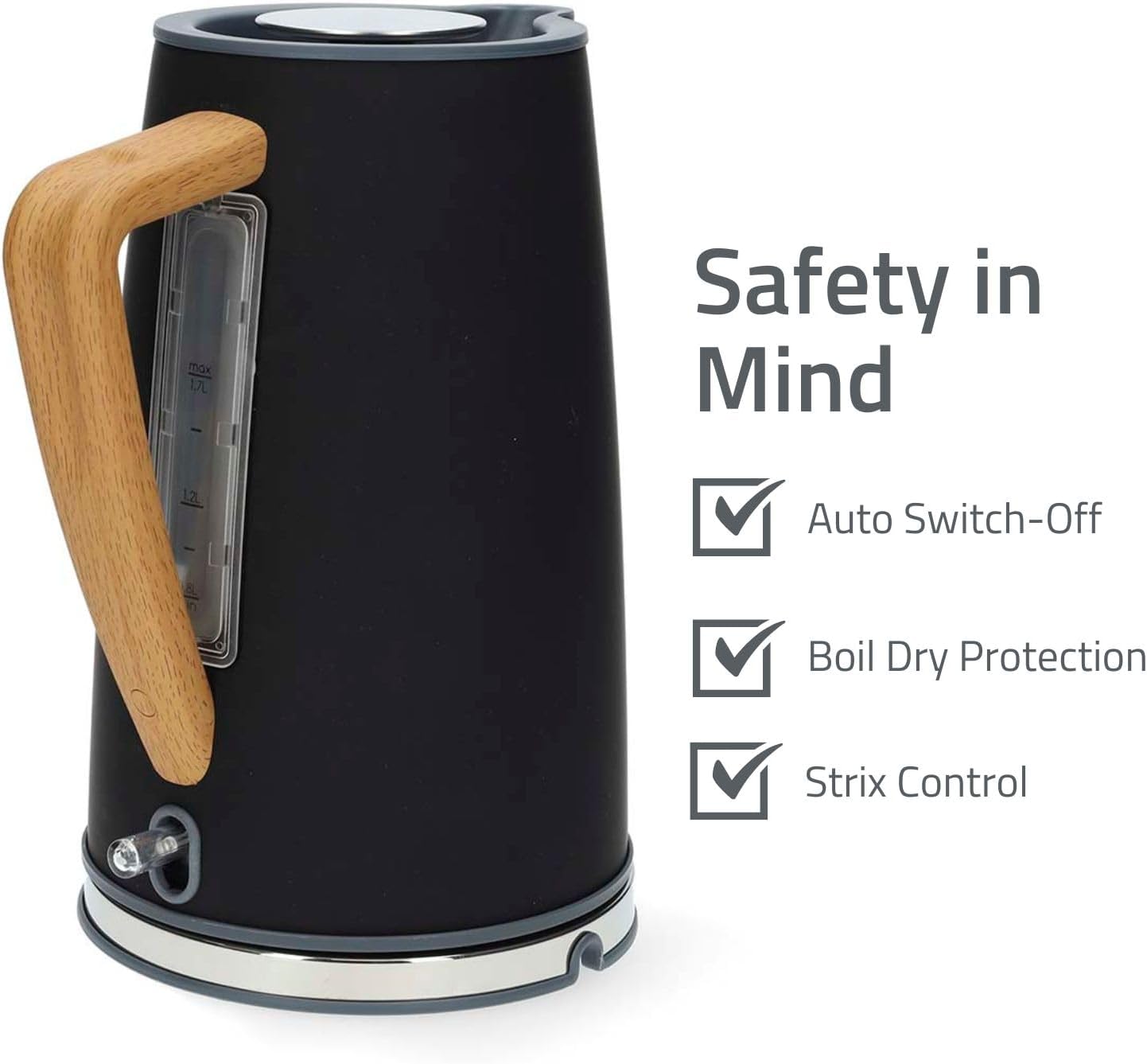 Nedis 1.7L Soft Touch Jug Kettle with Wood Effect Handle, Overheat Protection, Removeable Filter, 2.2KW - Matte Black