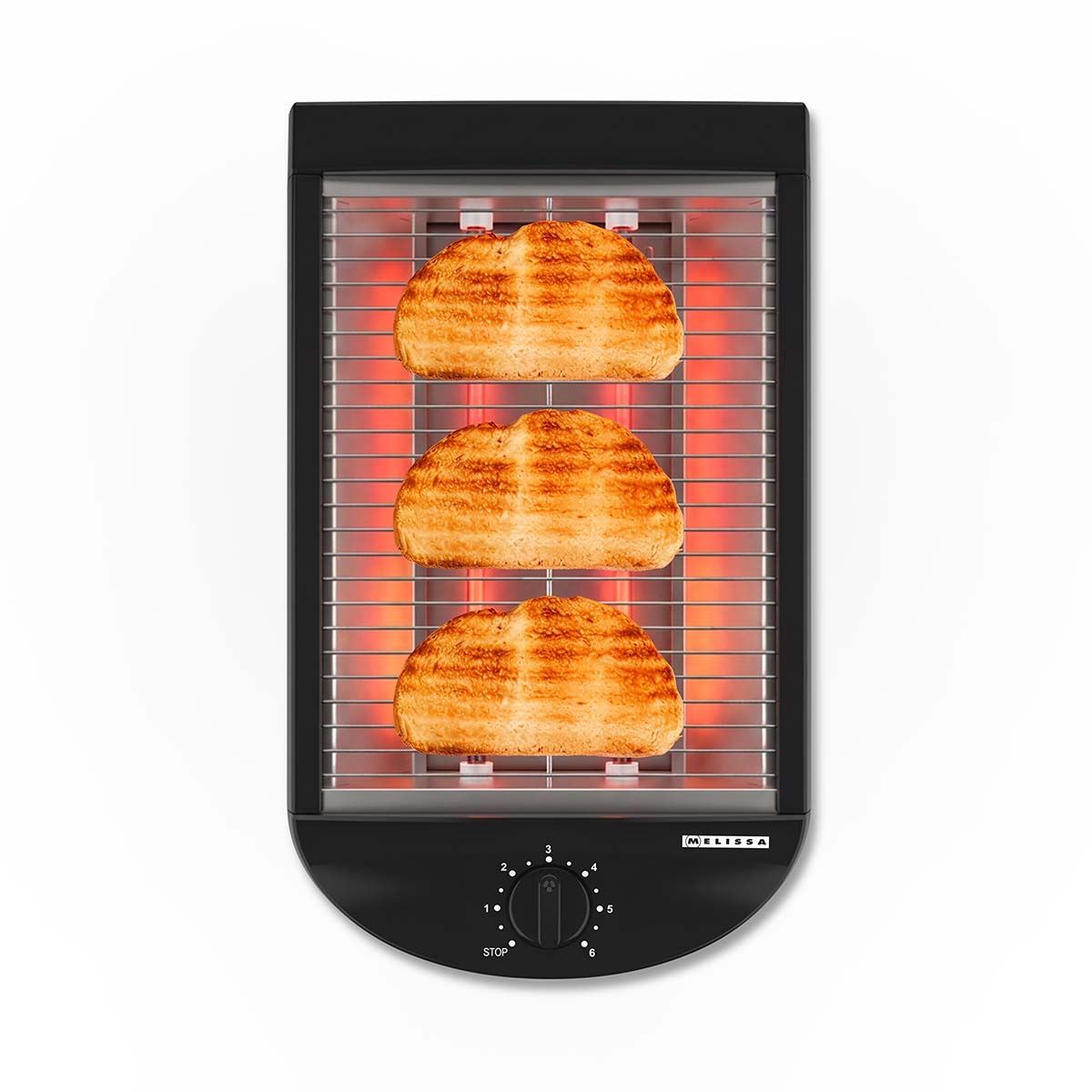 MELISSA Flat Toaster all types of Bread / Baked Goods, 600W, Timer with 6 Toast Levels, Buzzer and Crumb Tray - Black