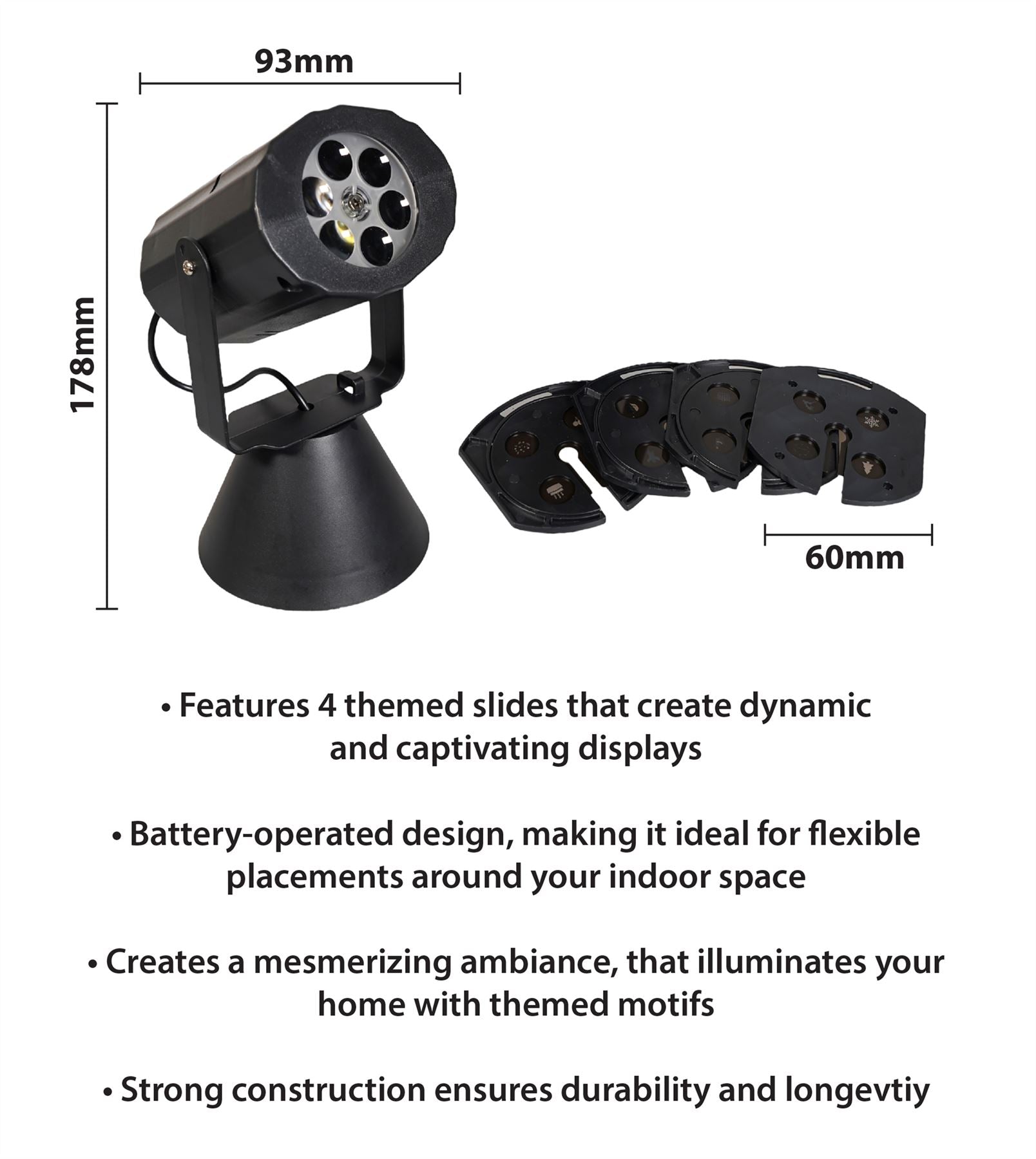 Christmas LED Projector Light with 4 Festive Slides Battery Operated