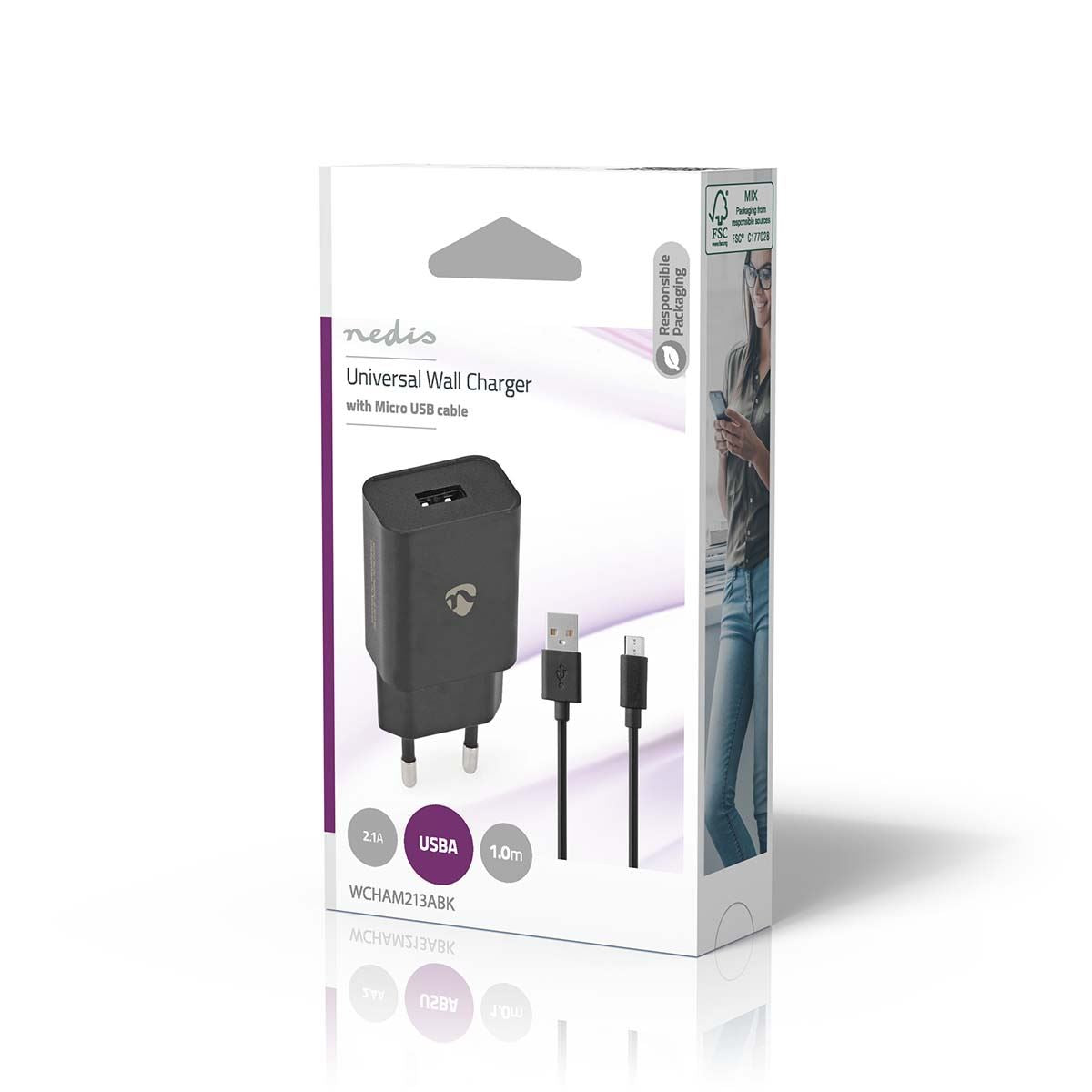 Nedis EU Euro Travel Wall Charger | 12 W | Quick charge feature | 1x 2.1 A | Number of outputs: 1 | USB-A | Micro USB (Loose) Cable | 1.00 m | Single Voltage Output | Black