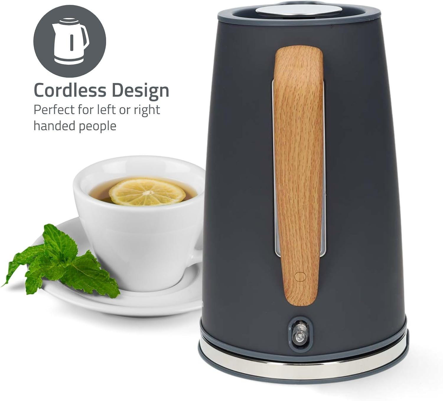 Nedis 1.7L Soft Touch Jug Kettle with Wood Effect Handle, Overheat Protection, Removeable Filter, 2.2KW - Grey