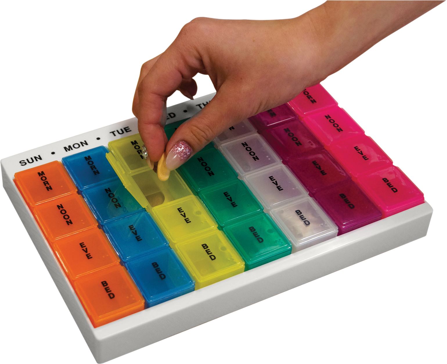 7 Day Pill Dispenser Tablet Box Organiser 4 Compartments per Day, Morn, Noon, Eve and Bed for those who take many Tablets Every Day Easy Medication Management and Organisation Ideal for Travel