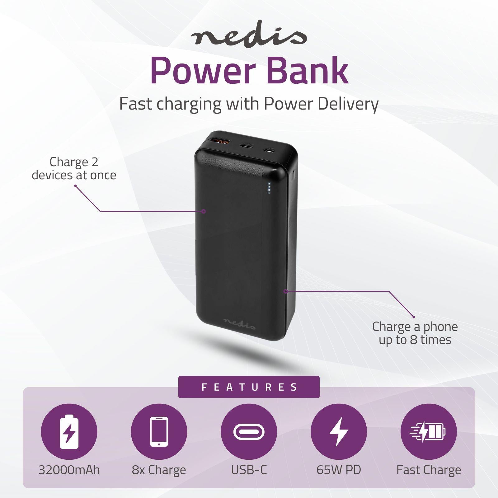 Nedis Powerbank | 32000 mAh | 2.4 / 3.0 / 3.25 A | Number of outputs: 2 | Output connection: 1x USB-A / 1x USB-C™ | Input connection: 1x Micro USB / 1x USB-C™ | PD3.0 45W / PD3.0 65W | Lithium-Polymer