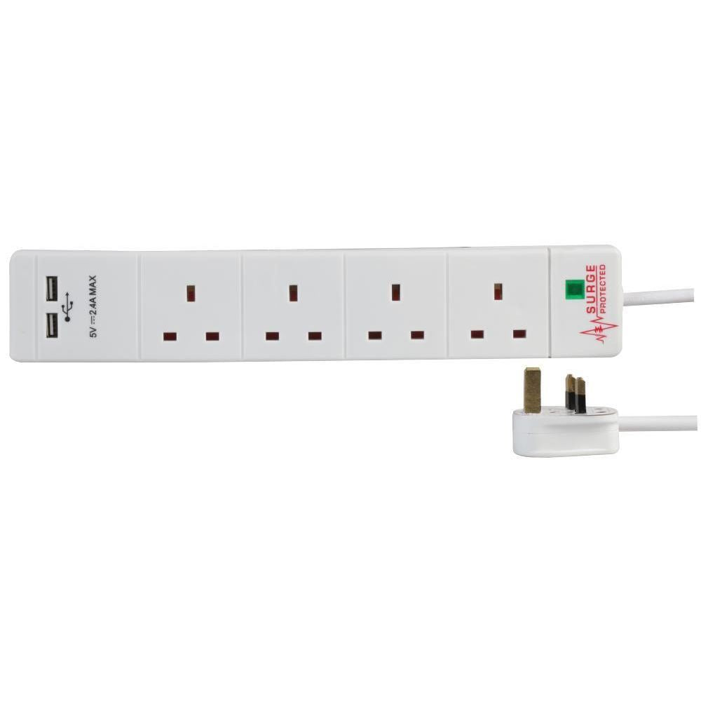 4 Gang 1m Mains Extension Lead Socket Surge Protected 13A with USB Charge Ports - White