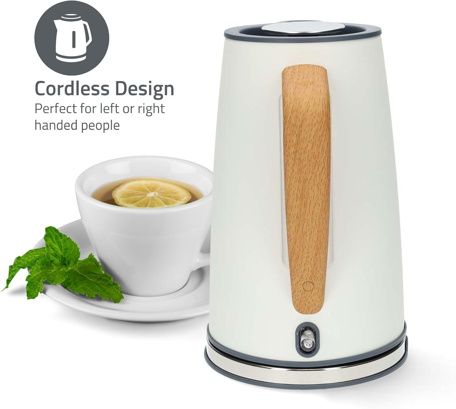 Nedis 1.7L Soft Touch Jug Kettle with Wood Effect Handle, Overheat Protection, Removeable Filter, 2.2KW - Matte White