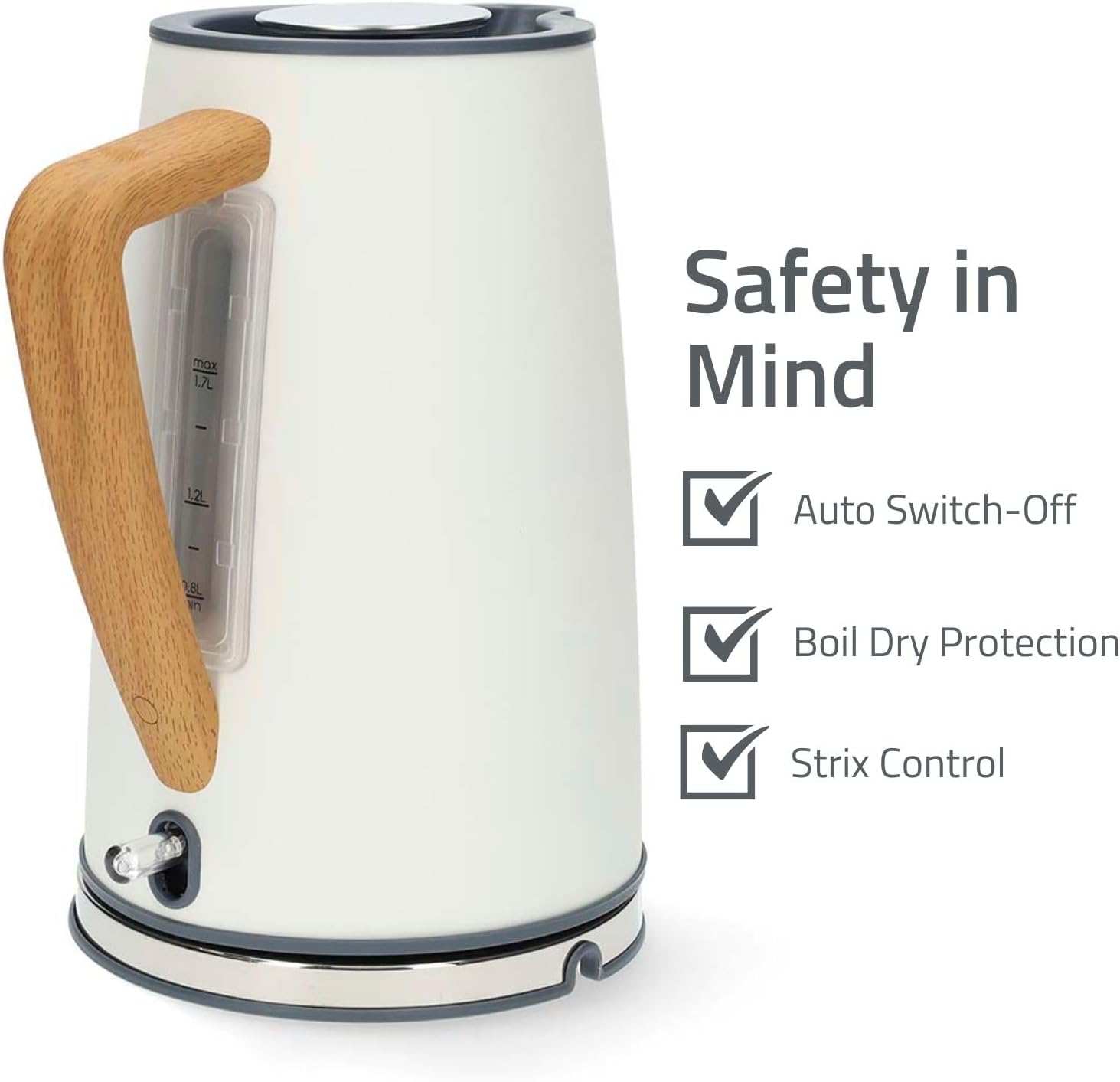 Nedis 1.7L Soft Touch Jug Kettle with Wood Effect Handle, Overheat Protection, Removeable Filter, 2.2KW - Matte White