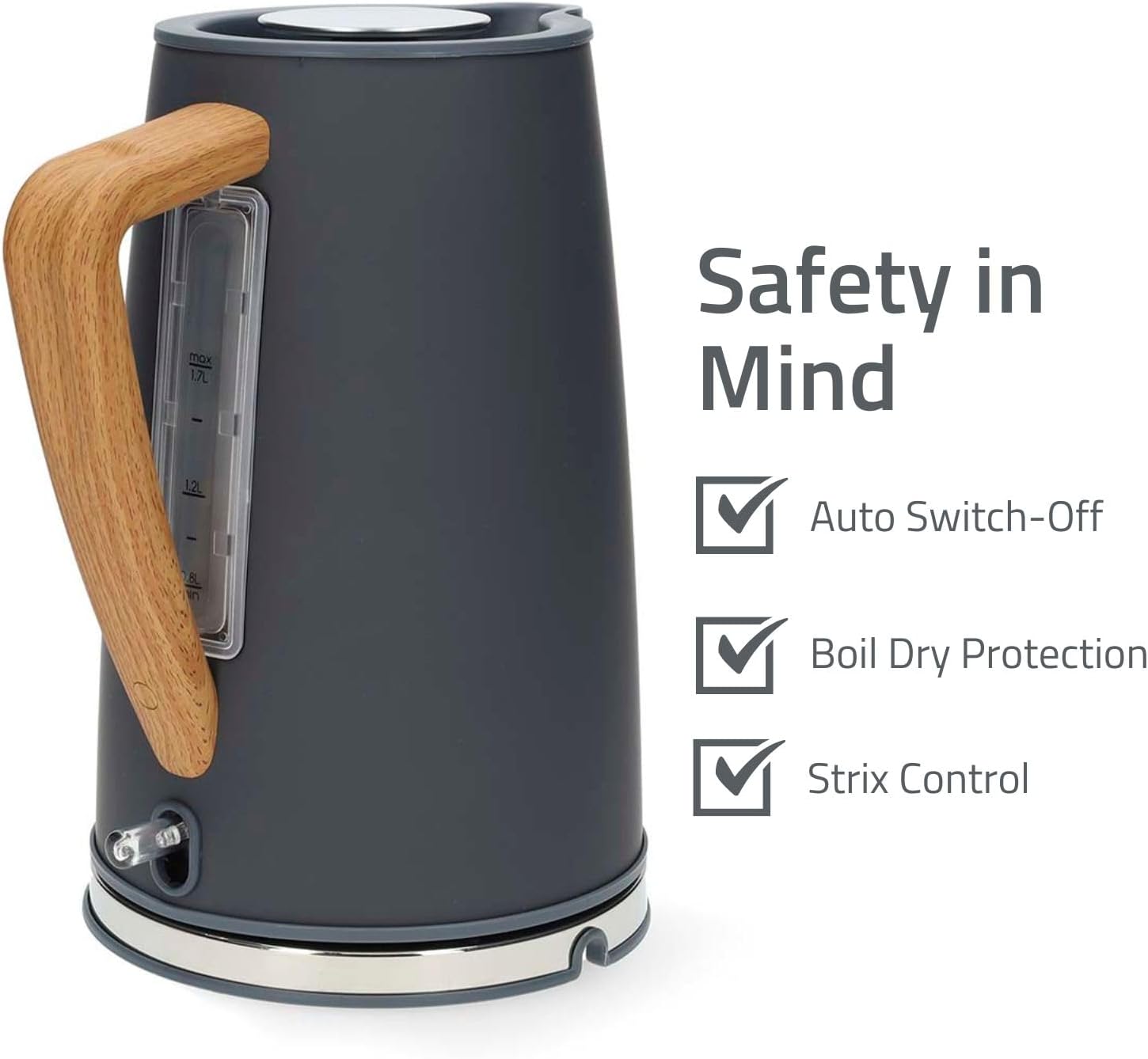 Nedis 1.7L Soft Touch Jug Kettle with Wood Effect Handle, Overheat Protection, Removeable Filter, 2.2KW - Grey