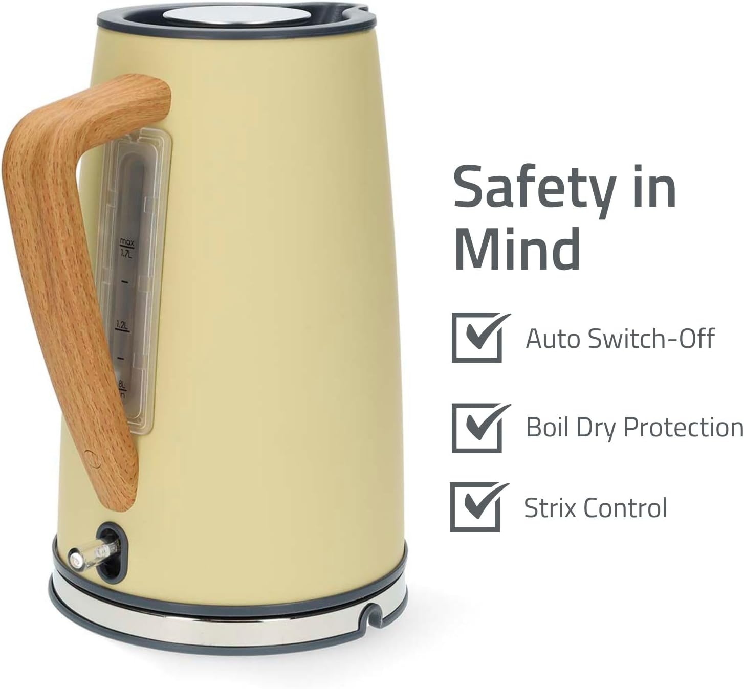 Nedis 1.7L Soft Touch Jug Kettle with Wood Effect Handle, Overheat Protection, Removeable Filter, 2.2KW - Yellow