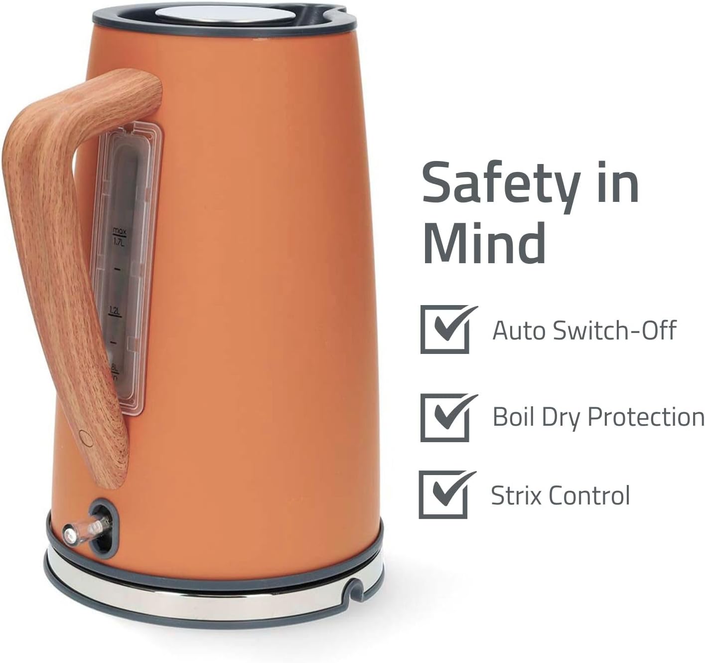 Nedis 1.7L Soft Touch Jug Kettle with Wood Effect Handle, Overheat Protection, Removeable Filter, 2.2KW - Orange