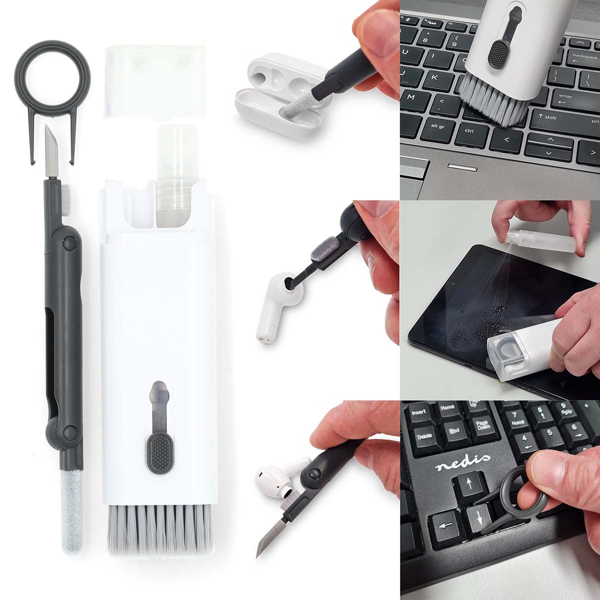 Nedis 7-in-1 Keyboard Cleaner Kit, Includes Brush, Headphone Cleaning Tool, Wiper, Spray Bottle & Key Puller � Multi-Functional Cleaning Set for Electronics, Laptop, Phones, Headphones, PC & Screens