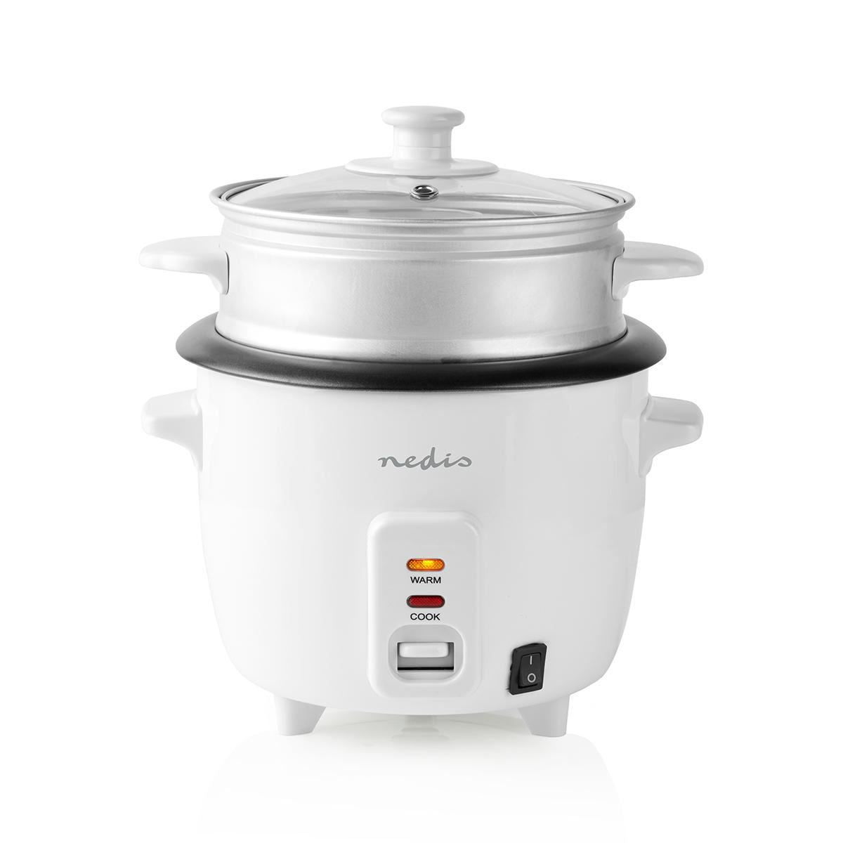 Nedis 0.6L Rice Cooker & Steamer with Keep-Warm Function, 300W, for 1-2 People, Quick Preparation Without Burning, Non-Stick Coating incl. Steamer Insert