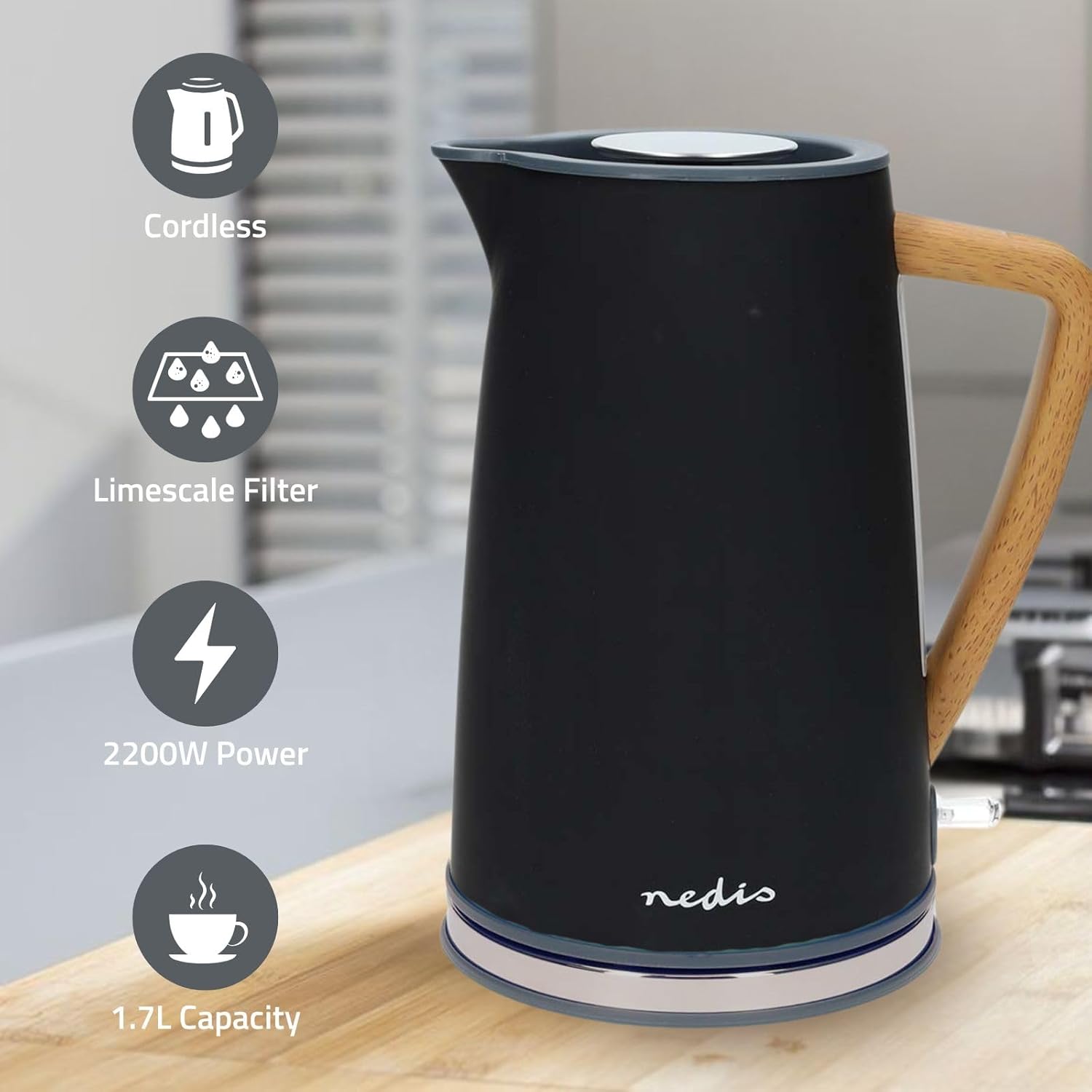 Nedis 1.7L Soft Touch Jug Kettle with Wood Effect Handle, Overheat Protection, Removeable Filter, 2.2KW - Matte Black
