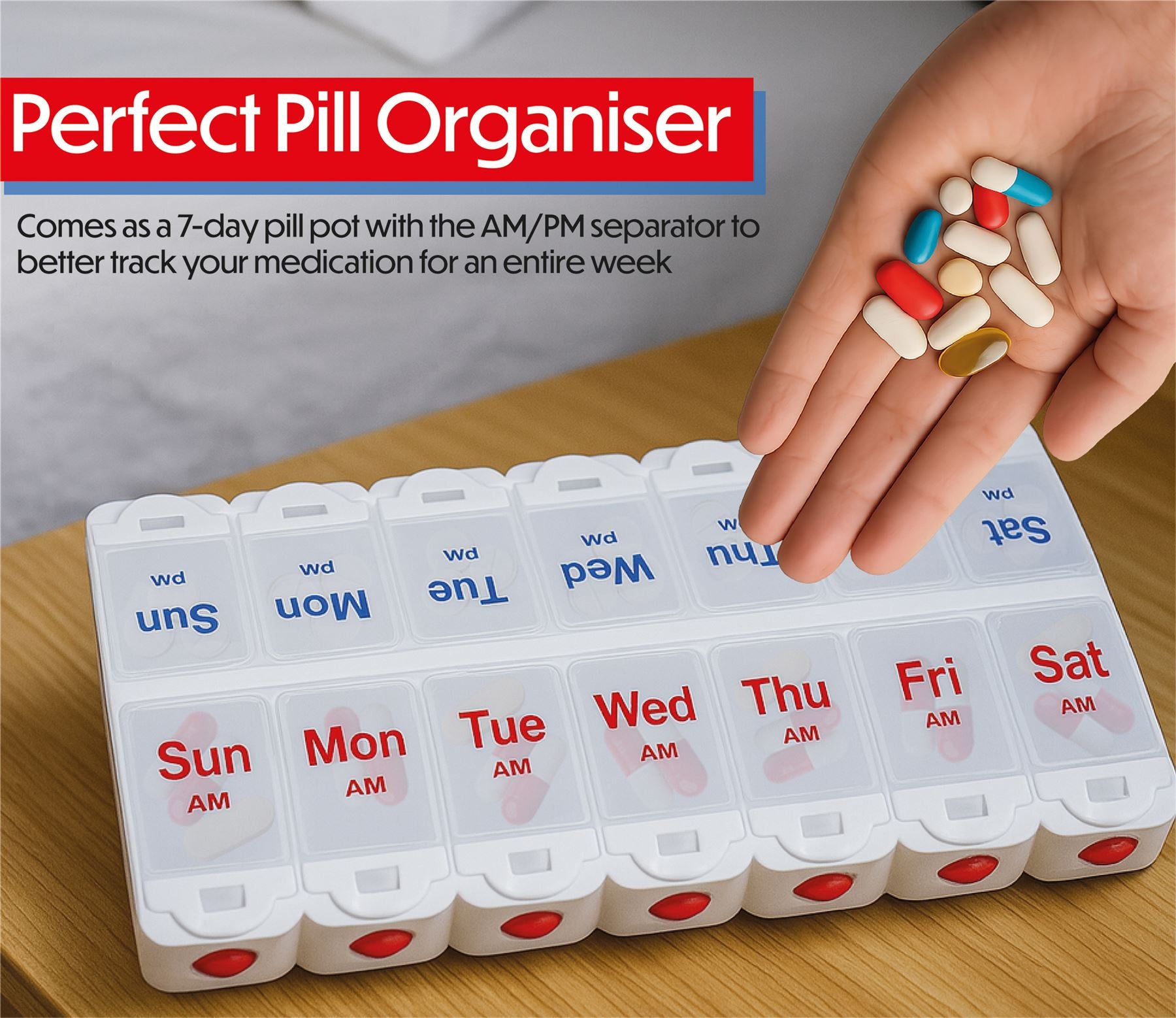 7 Day Pill Dispenser Tablet Box Organiser 2 Clearly Marked Compartments per Day, AM and PM for those who take many Tablets Every Day Easy Medication Management and Organisation Ideal for Travel