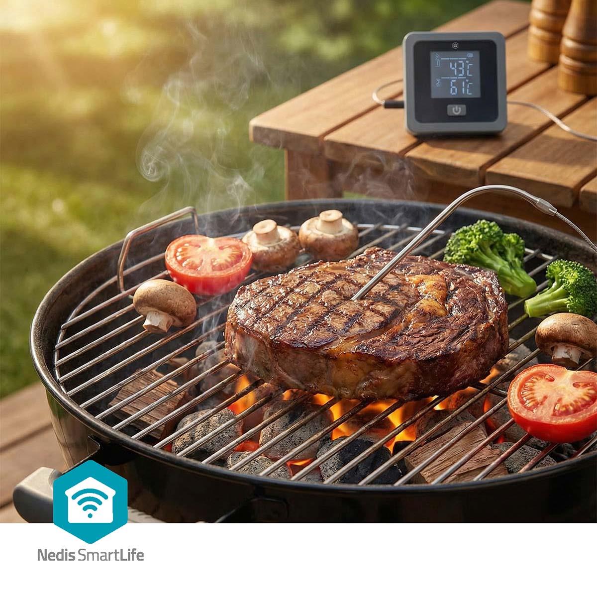 Nedis Leave-in Smart Digital Food, Meat, Baking Thermometer Temperature Probe Cooking Kitchen BBQ, with Alarm, Timer - Black