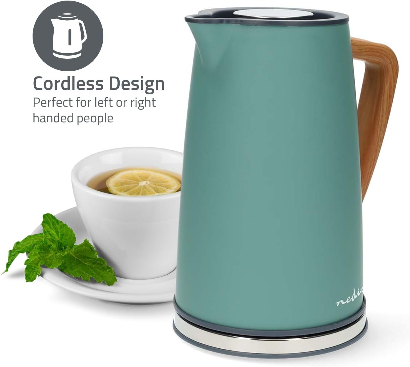 Nedis 1.7L Soft Touch Jug Kettle with Wood Effect Handle, Overheat Protection, Removeable Filter, 2.2KW - Matte Green