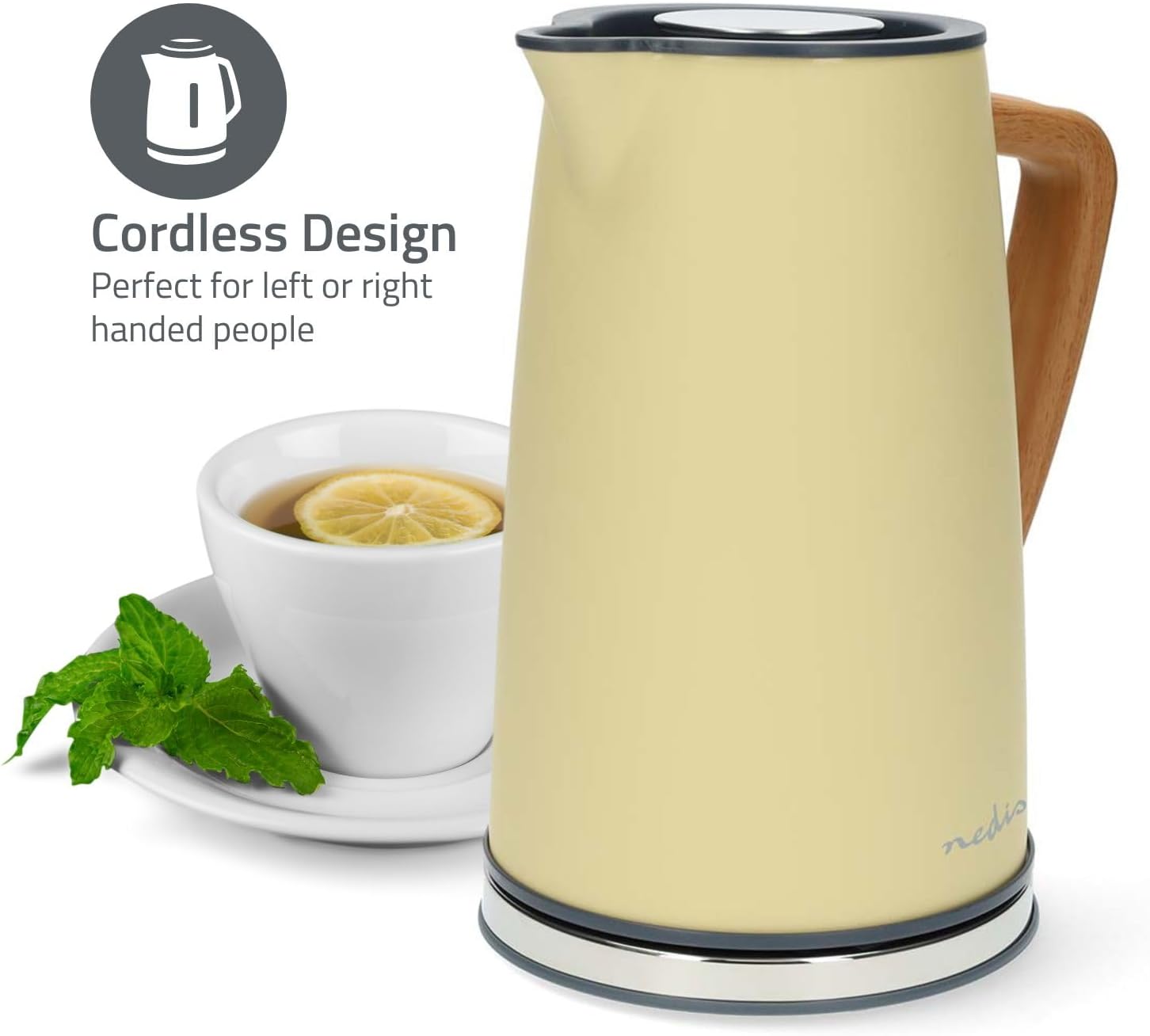 Nedis 1.7L Soft Touch Jug Kettle with Wood Effect Handle, Overheat Protection, Removeable Filter, 2.2KW - Yellow