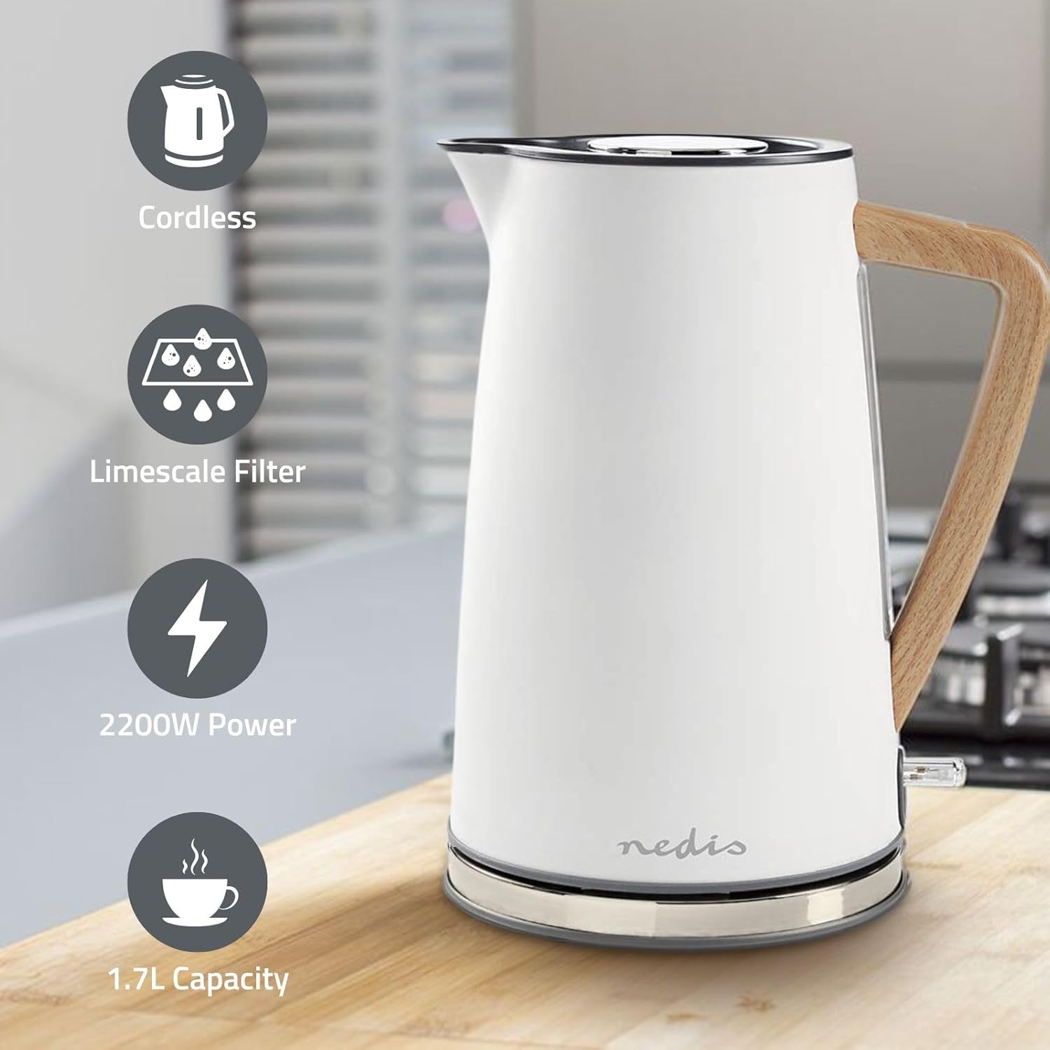 Nedis 1.7L Soft Touch Jug Kettle with Wood Effect Handle, Overheat Protection, Removeable Filter, 2.2KW - Matte White