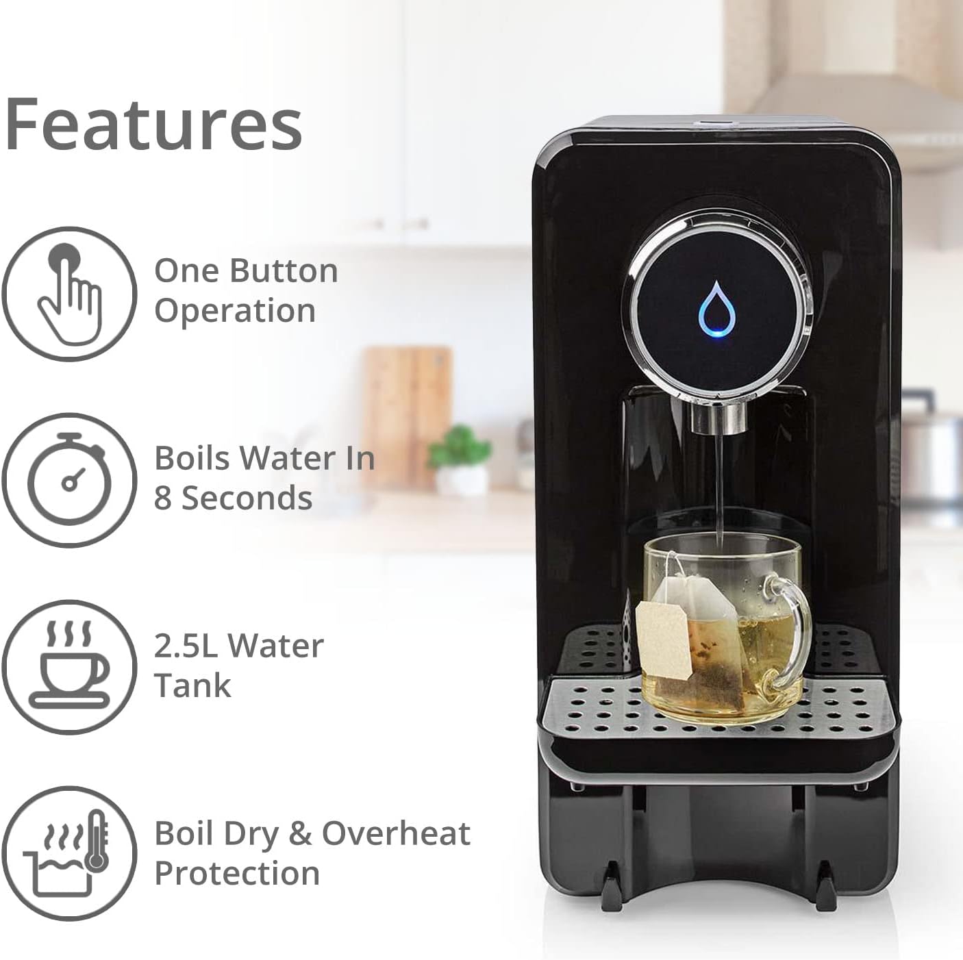 Nedis Instant Hot Water Dispenser, 2.5L Tank with Fast Boil, Variable Dispense, Adjustable Temperature, Boil Dry & Overheat Protection