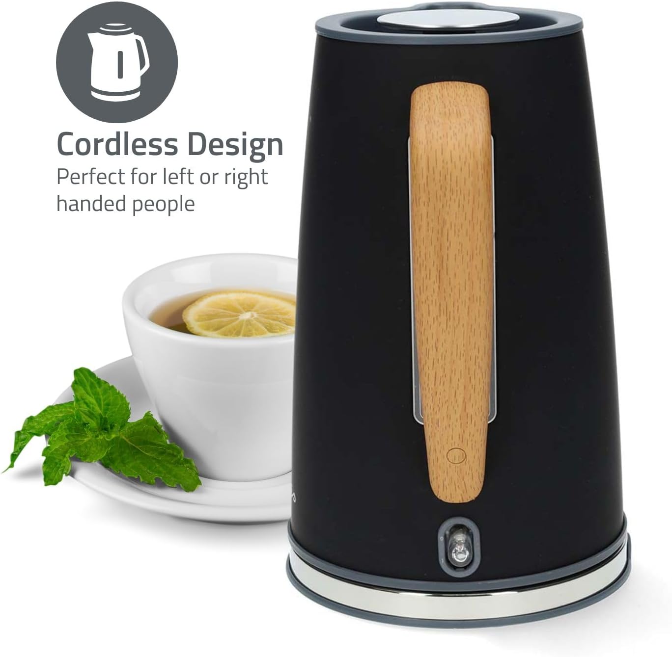 Nedis 1.7L Soft Touch Jug Kettle with Wood Effect Handle, Overheat Protection, Removeable Filter, 2.2KW - Matte Black