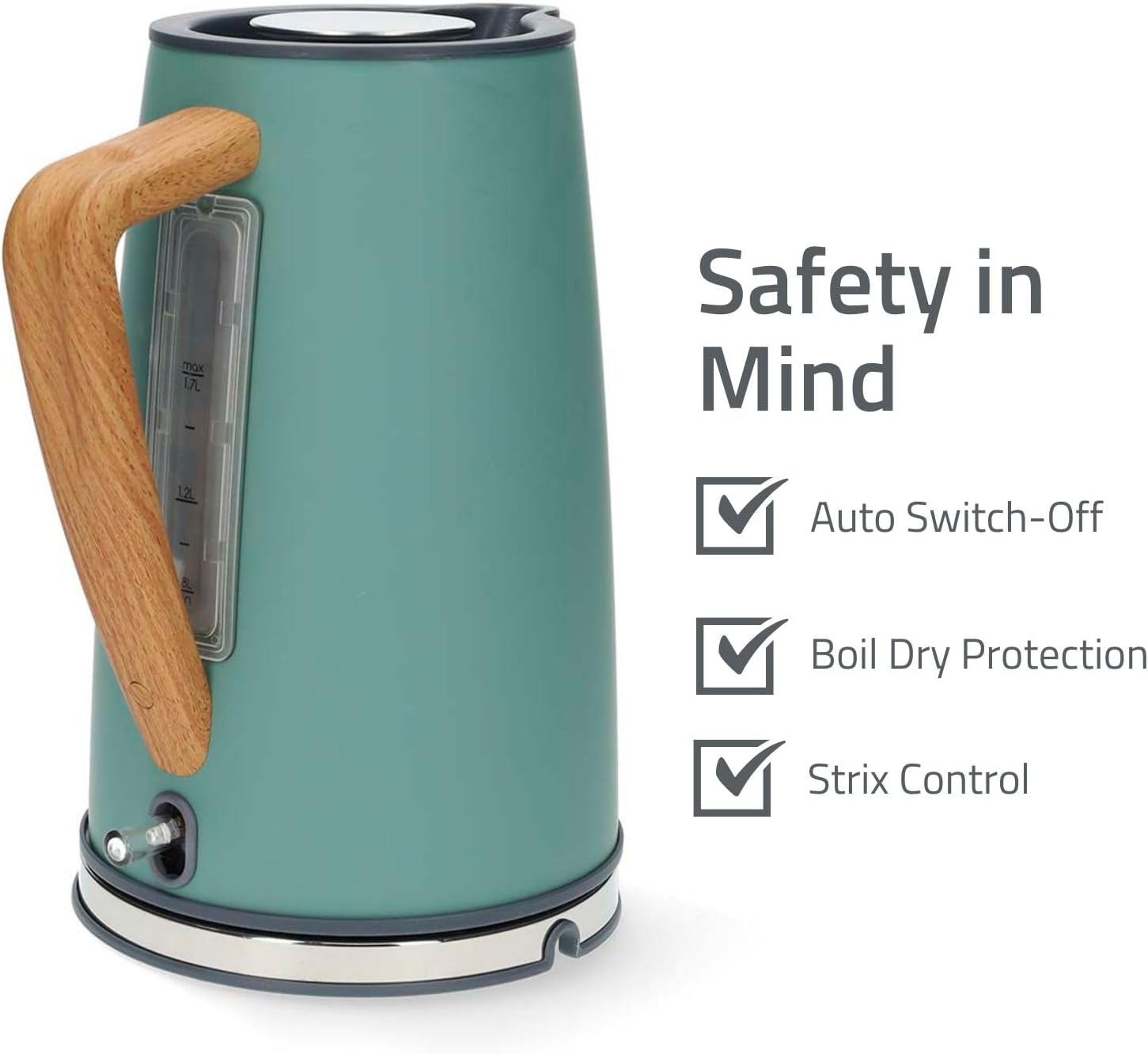 Nedis 1.7L Soft Touch Jug Kettle with Wood Effect Handle, Overheat Protection, Removeable Filter, 2.2KW - Matte Green