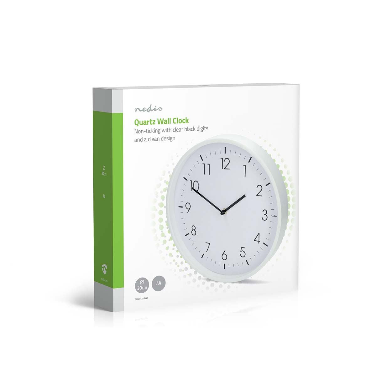 Nedis 30cm Wall Clock with Easy Read Numbers, Silent Movement, Battery Powered - White